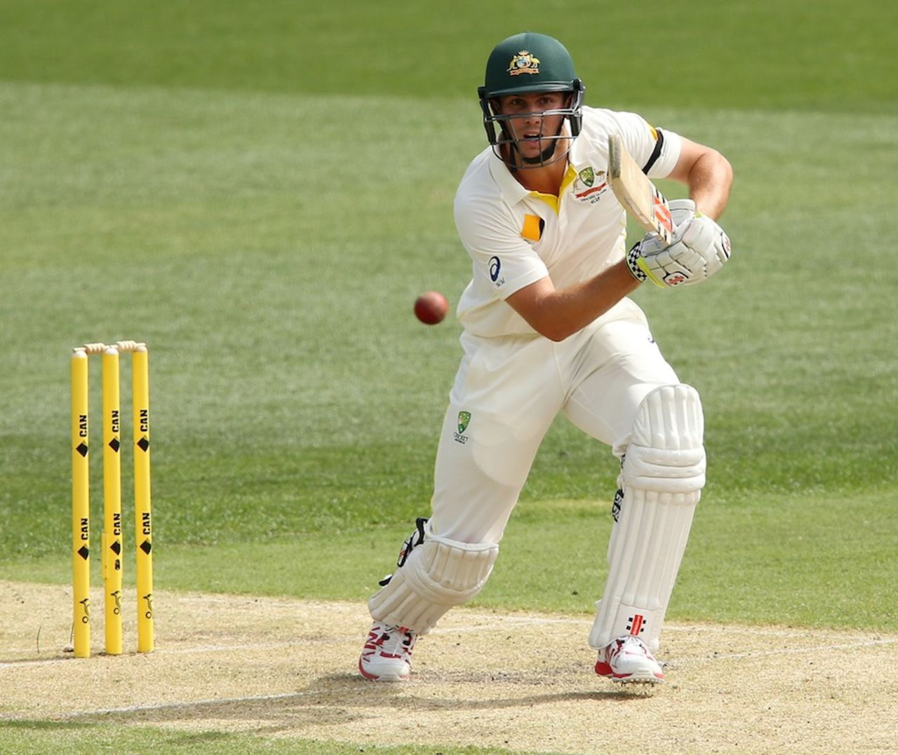 Mitchell Marsh plays on the off side, Australia v India, 1st Test, Adelaide, 1st day, December 9, 2014