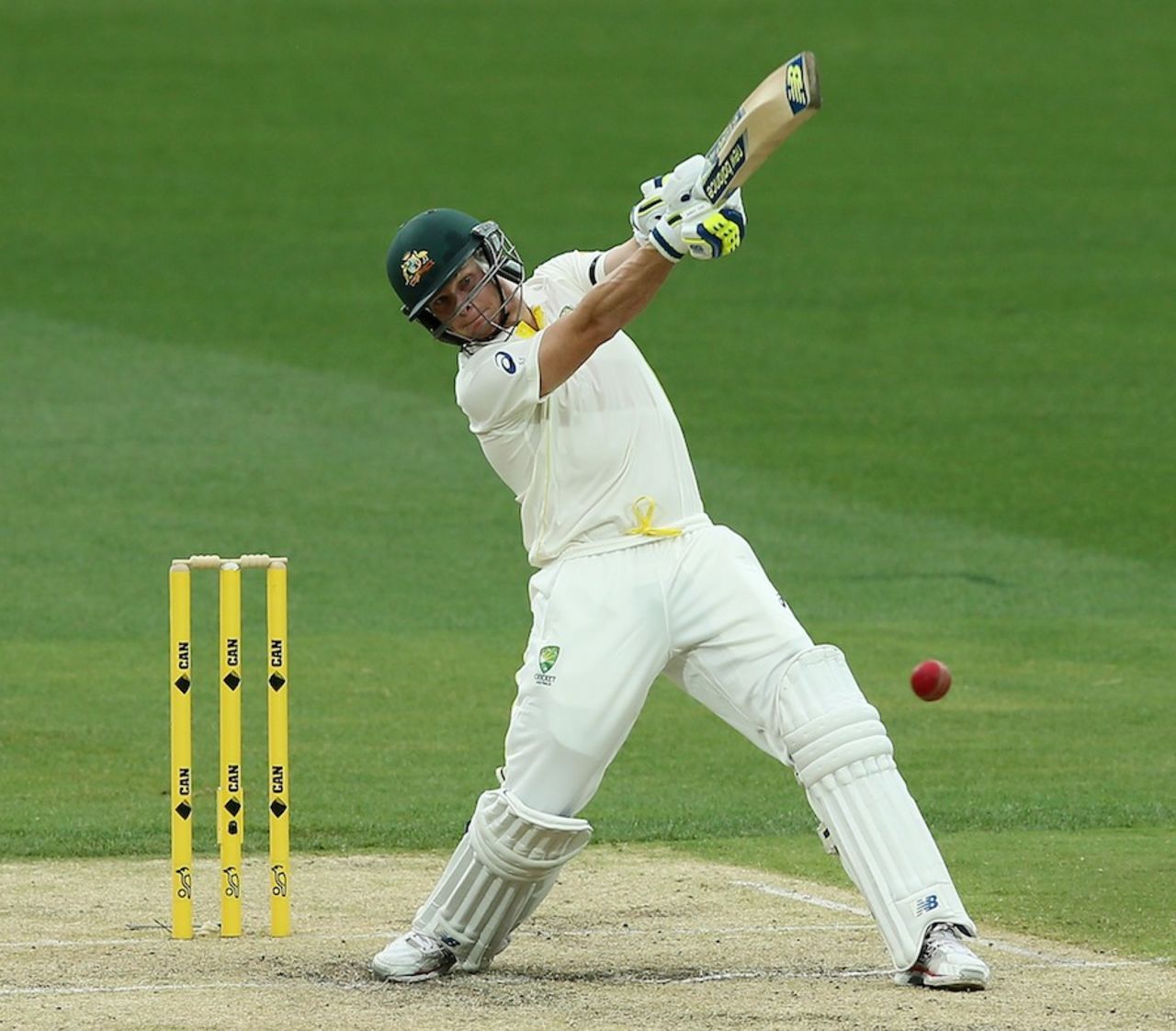 Steven Smith hits one hard towards the bowler, Australia v India, 1st Test, Adelaide, 2nd day, December 10, 2014