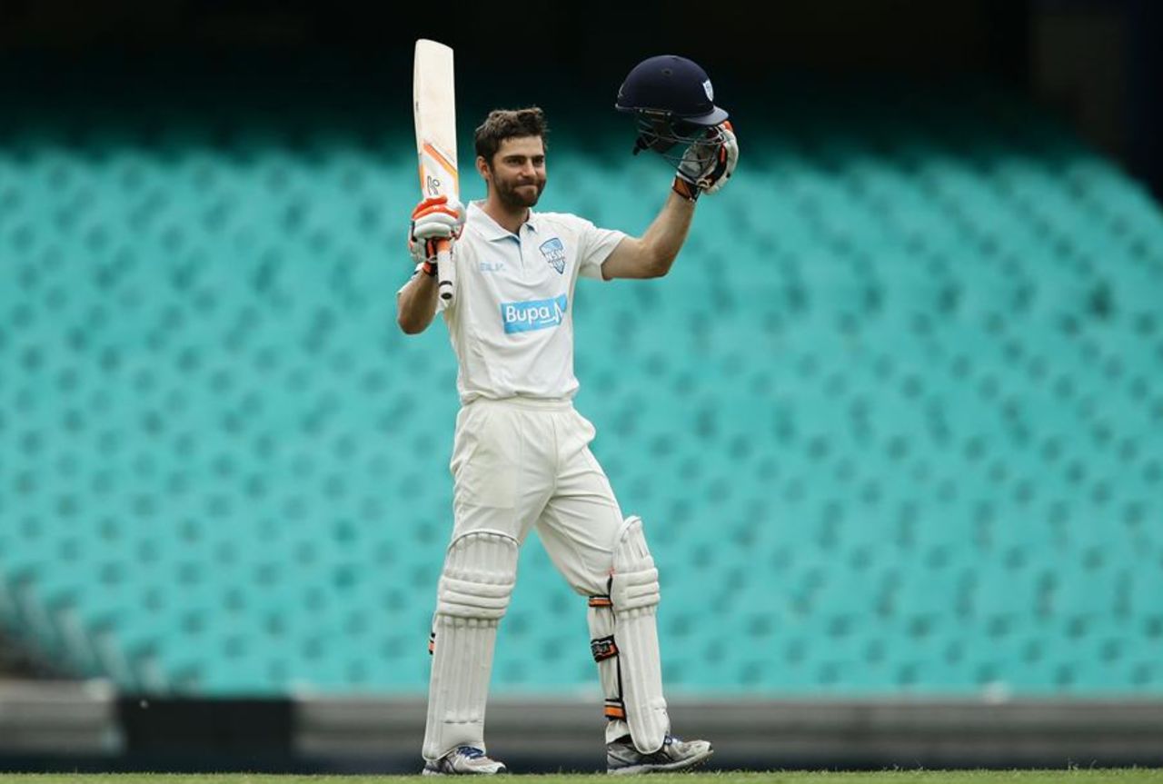 Ryan Carters celebrates his hundred, New South Wales v Queensland, Sheffield Shield, Sydney, 2nd day, December 10, 2014