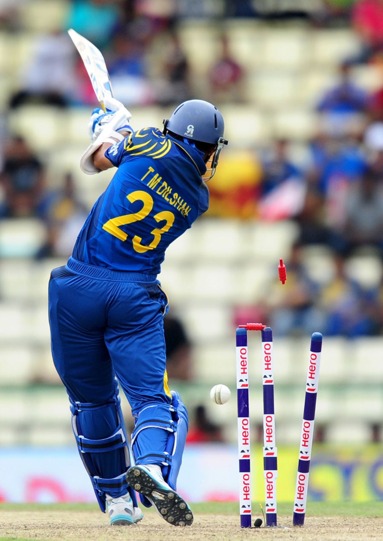Tillakaratne Dilshan dragged on aiming an expansive drive, Sri Lanka v England, 5th ODI, Pallekele, December 10, 2014