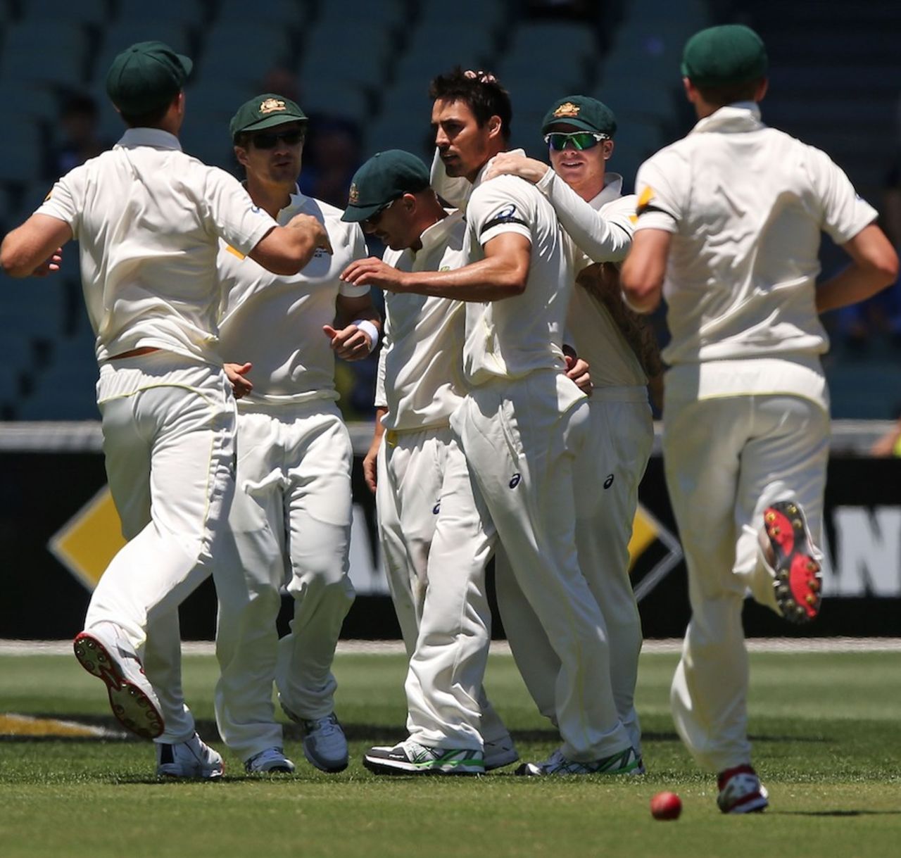 Australia celebrate Mitchell Johnson's dismissal of M Vijay, Australia v India, 1st Test, Adelaide, 3rd day, December 11, 2014