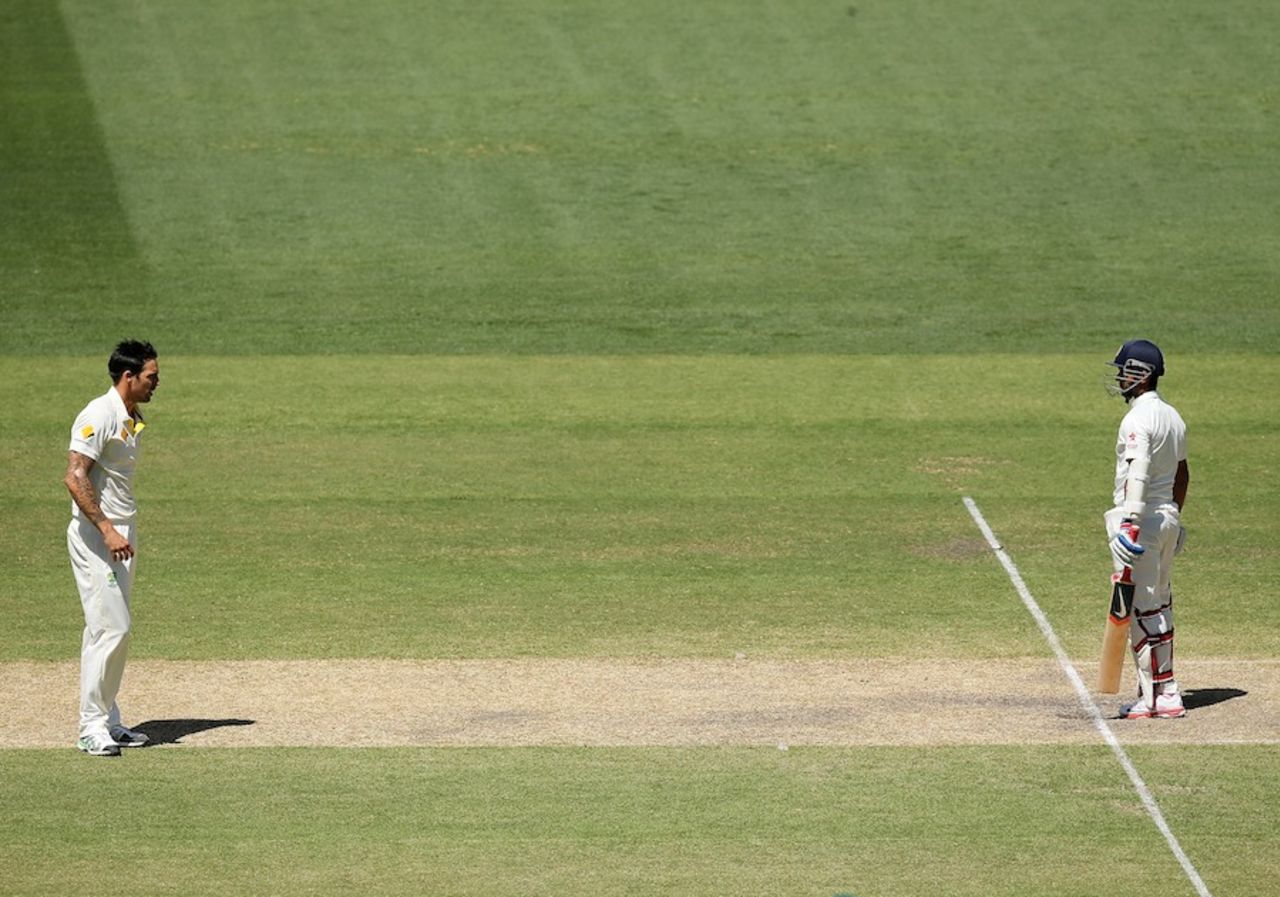 Mitchell Johnson gives Ajinkya Rahane a stare, Australia v India, 1st Test, Adelaide, 3rd day, December 11, 2014