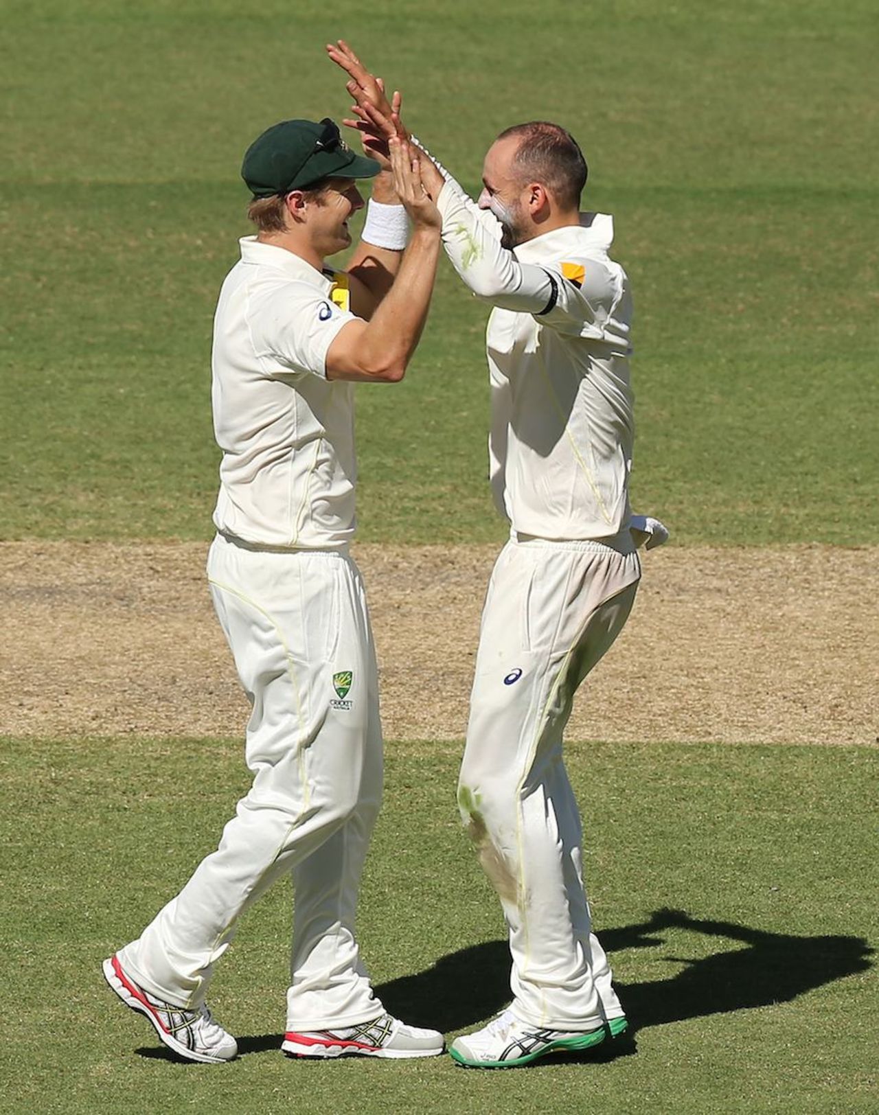 Nathan Lyon and Shane Watson celebrate a wicket, Australia v India, 1st Test, Adelaide, 3rd day, December 11, 2014