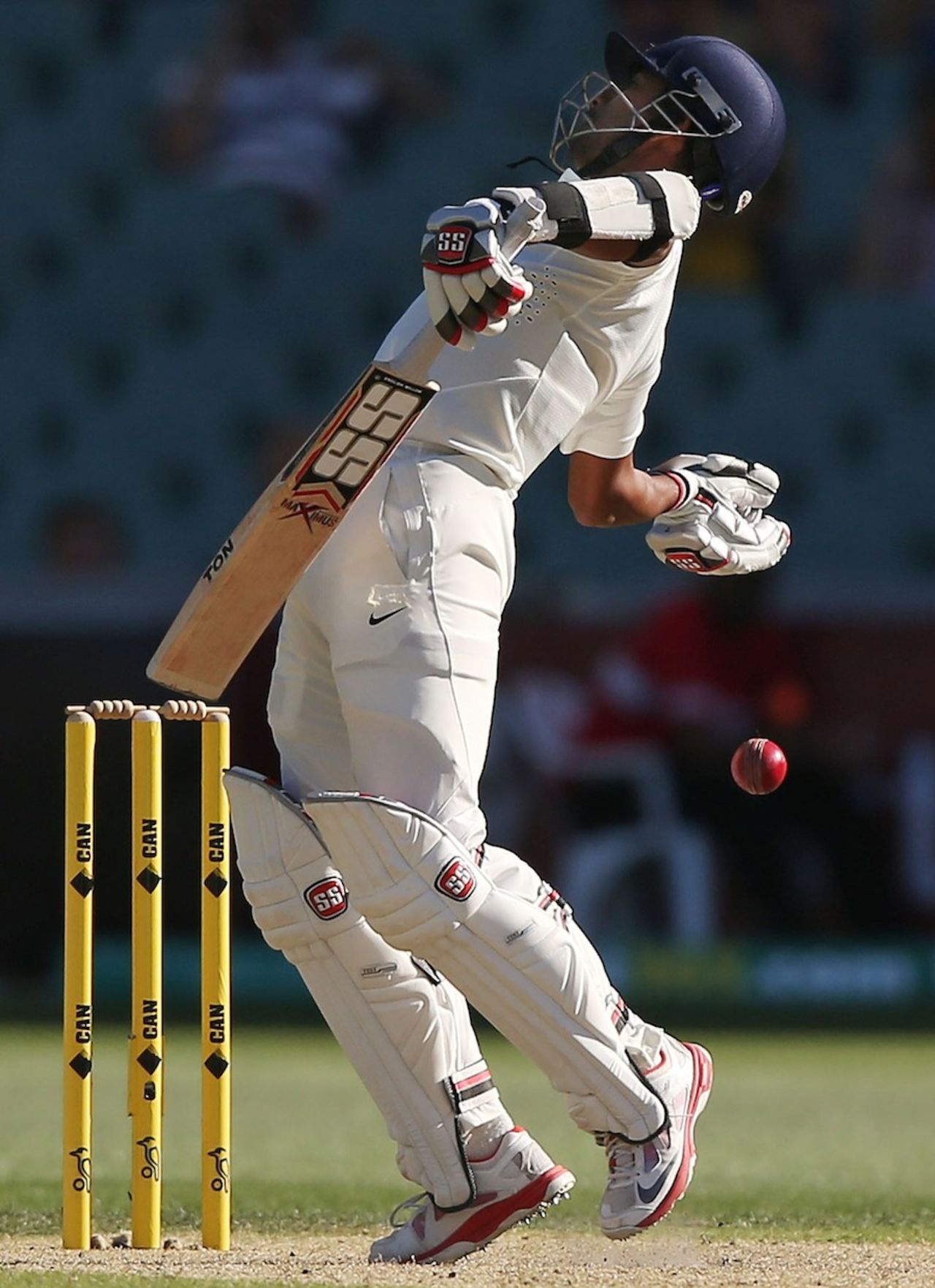 Wriddhiman Saha plays a short ball from Mitchell Johnson, Australia v India, 1st Test, Adelaide, 3rd day, December 11, 2014