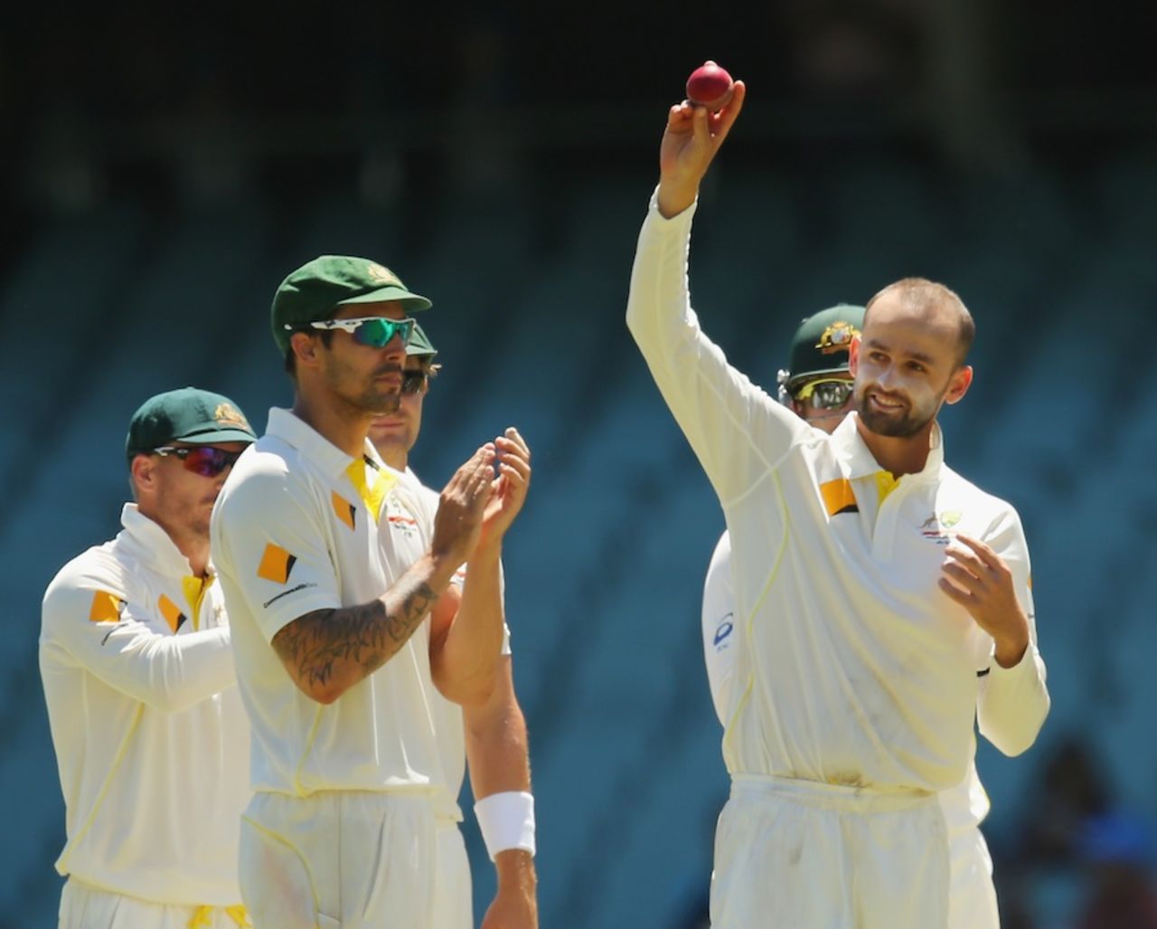 Nathan Lyon celebrates his five-for, Australia v India, 1st Test, Adelaide, 4th day, December 12, 2014