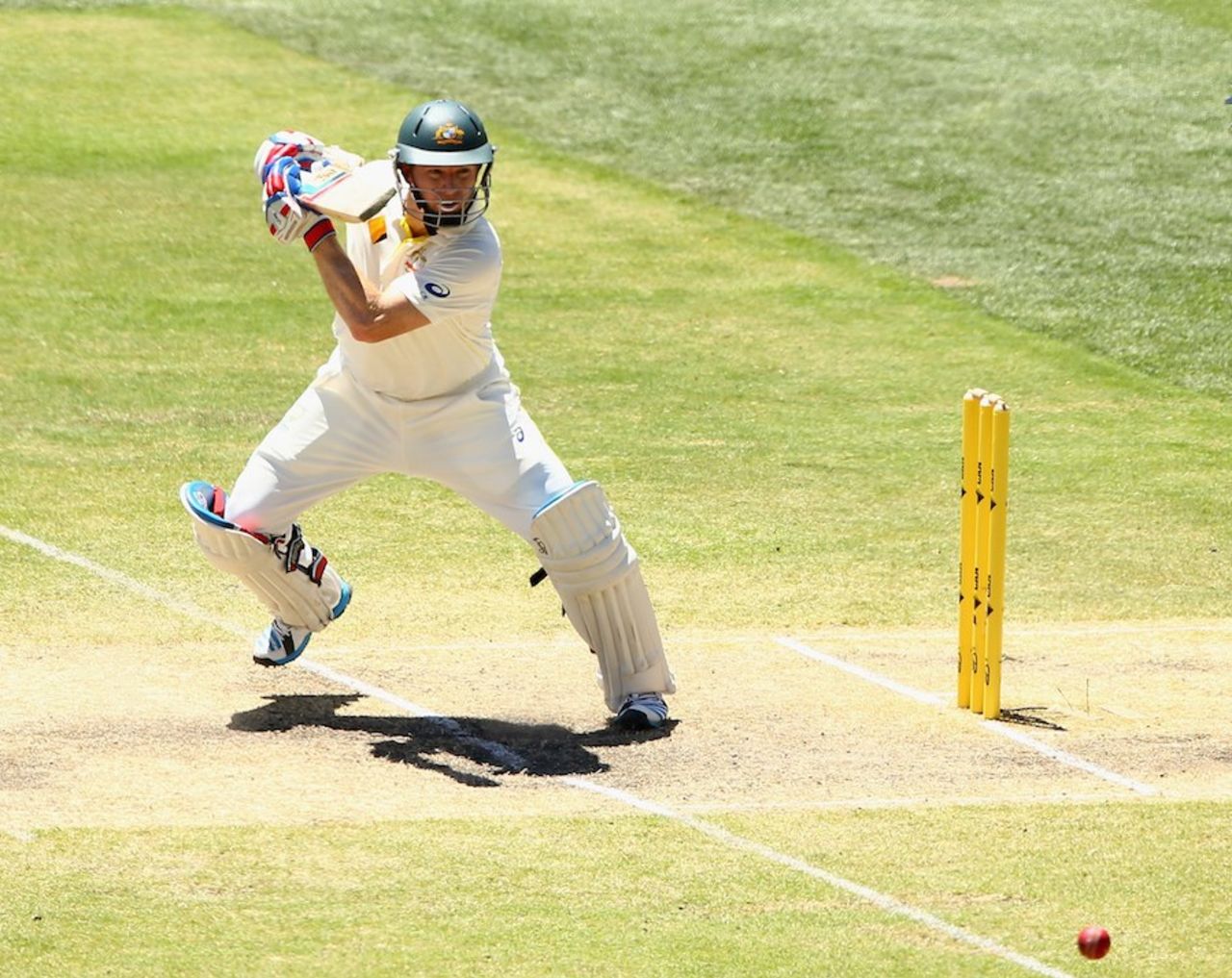 Chris Rogers hits the ball through point, Australia v India, 1st Test, Adelaide, 4th day, December 12, 2014