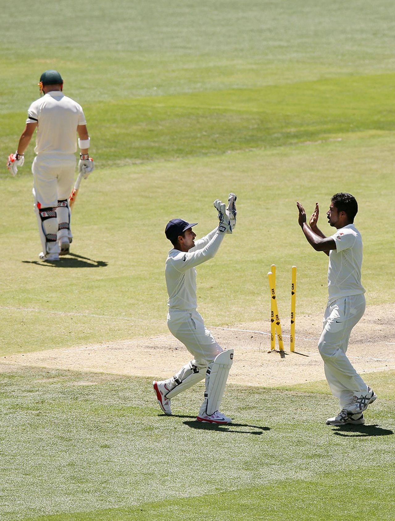 Varun Aaron and Wriddhiman Saha celebrate getting David Warner bowled before the third umpire confirms the bowler has overstepped, Australia v India, 1st Test, Adelaide, 4th day, December 12, 2014