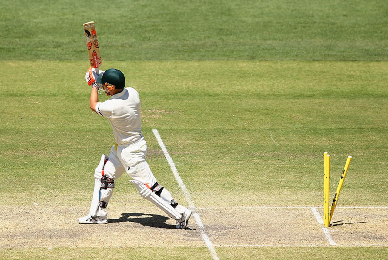 David Warner is bowled off a Varun Aaron no-ball, Australia v India, 1st Test, Adelaide, 4th day, December 12, 2014