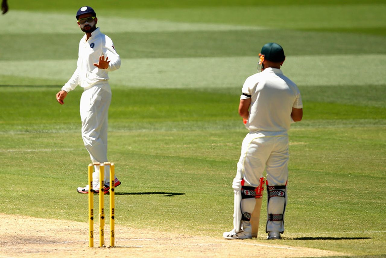 Virat Kohli and David Warner exchange words, Australia v India, 1st Test, Adelaide, 4th day, December 12, 2014