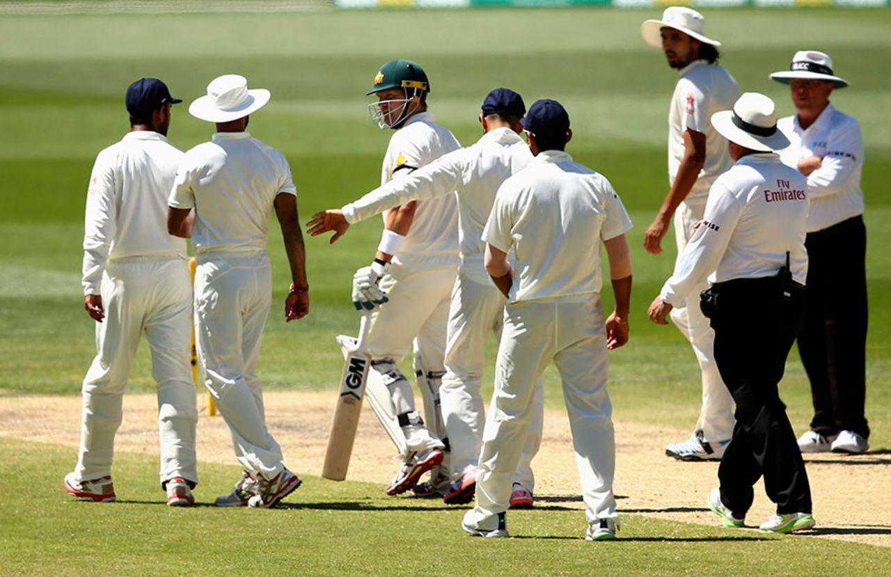 Virat Kohli attempts to separate Shikhar Dhawan and Shane Watson, Australia v India, 1st Test, Adelaide, 4th day, December 12, 2014