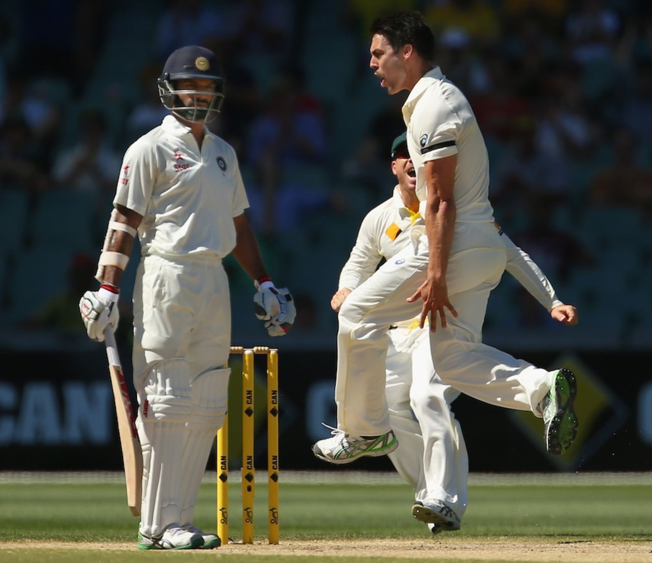 Mitchell Johnson celebrates Shikhar Dhawan's wicket, Australia v India, 1st Test, Adelaide, 5th day, December 13, 2014
