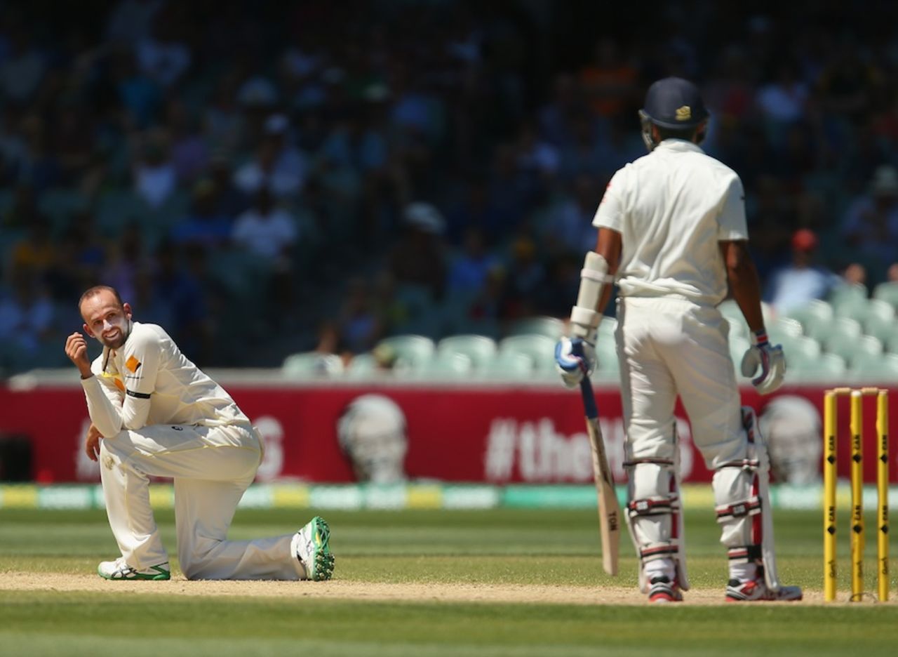 Nathan Lyon cannot believe he does not have M Vijay lbw, Australia v India, 1st Test, Adelaide, 5th day, December 13, 2014