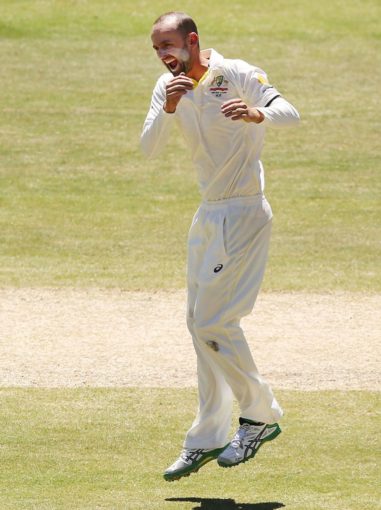 Nathan Lyon is thrilled with Cheteshwar Pujara's wicket, Australia v India, 1st Test, Adelaide, 5th day, December 13, 2014