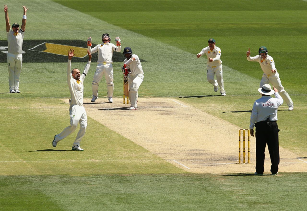 Nathan Lyon had Cheteshwar Pujara caught behind, Australia v India, 1st Test, Adelaide, 5th day, December 13, 2014