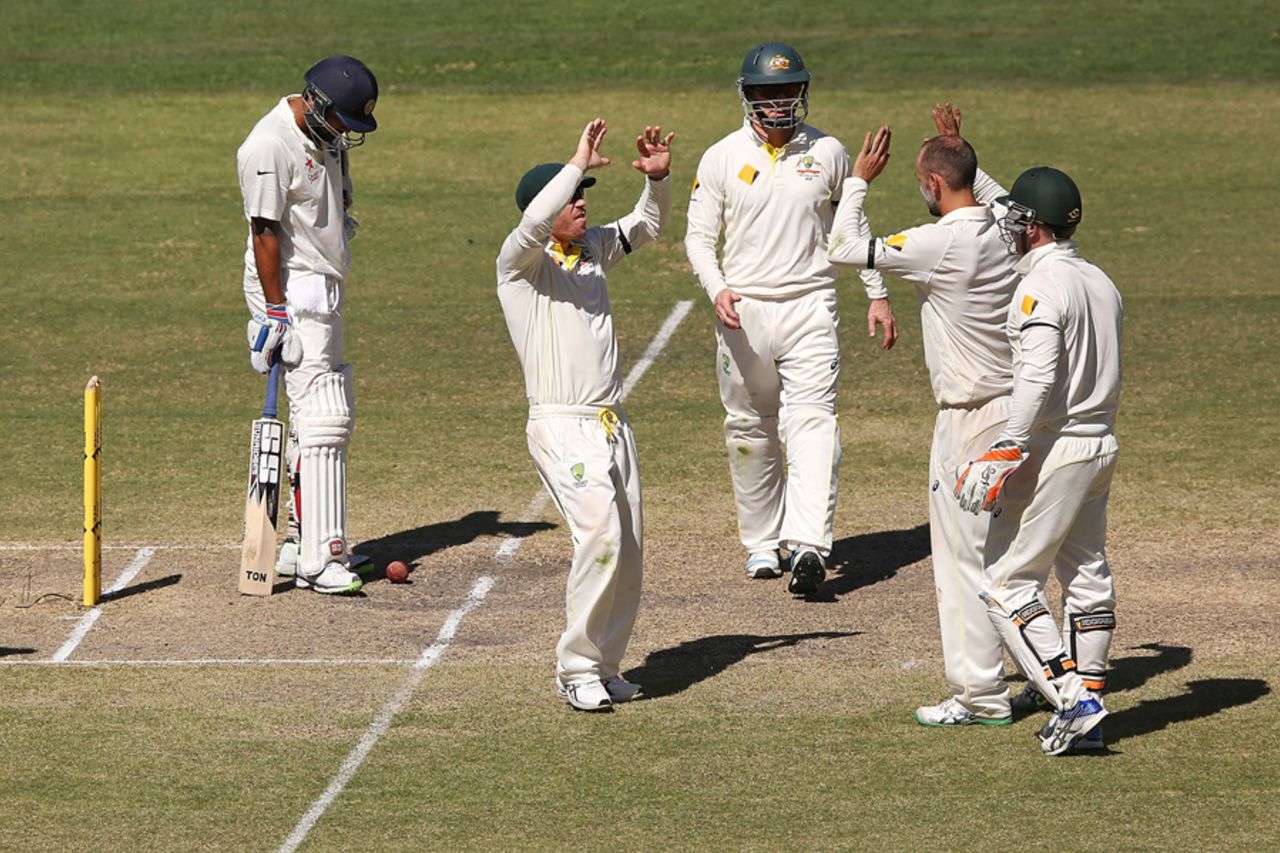M Vijay is distraught after falling lbw to Nathan Lyon, Australia v India, 1st Test, Adelaide, 5th day, December 13, 2014