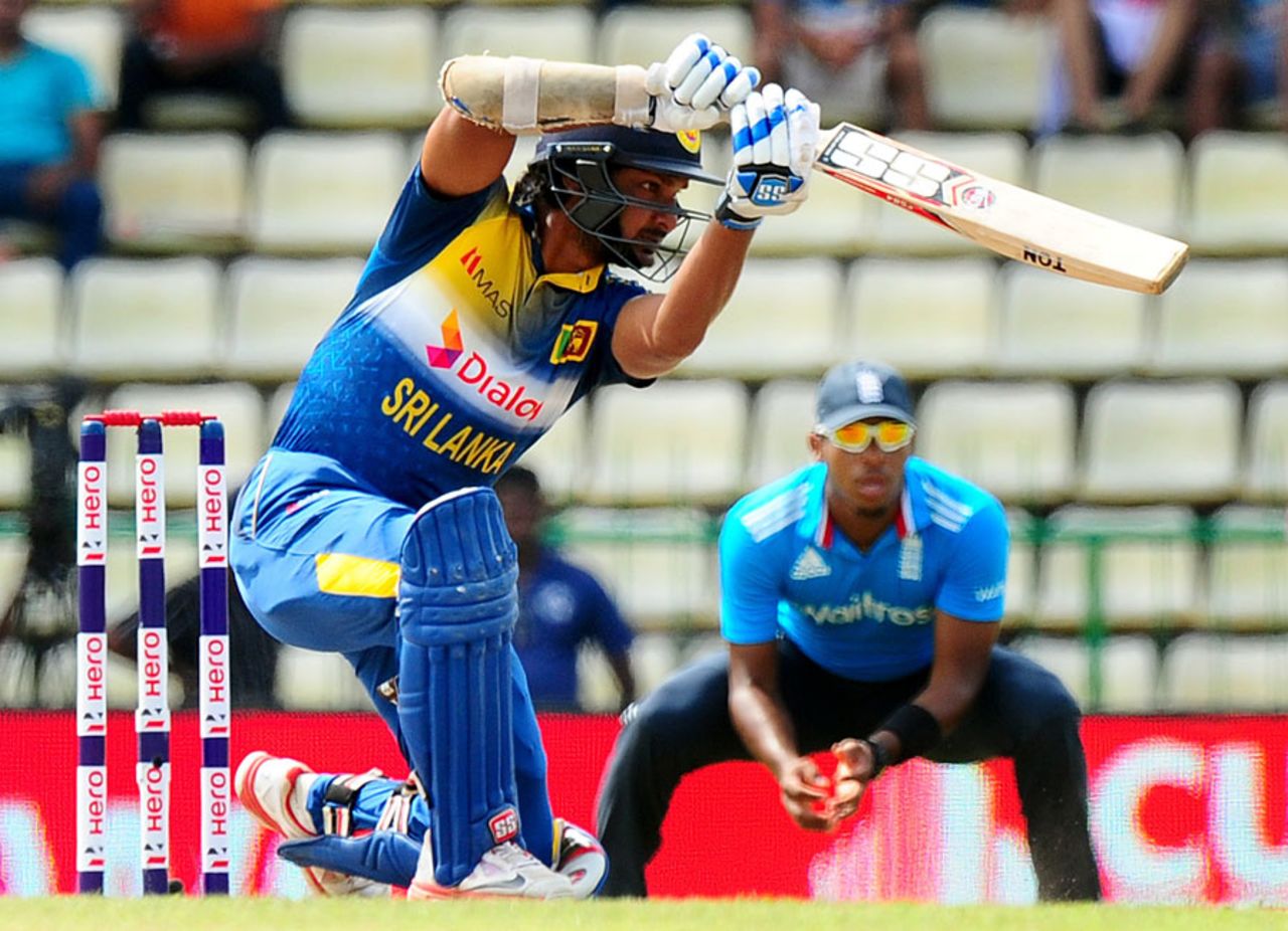 Kumar Sangakkara leans into a drive, Sri Lanka v England, 6th ODI, Pallekele, December 13, 2014