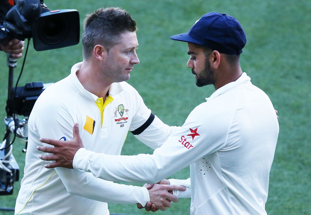 Michael Clarke and Virat Kohli shake hands, Australia v India, 1st Test, Adelaide, 5th day, December 13, 2014