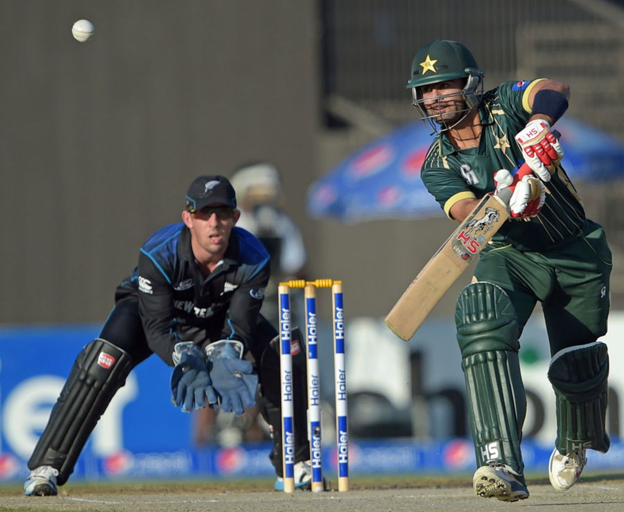 Ahmed Shehzad taps the ball through the off side, Pakistan v New Zealand, 3rd ODI, Sharjah, December 14, 2014