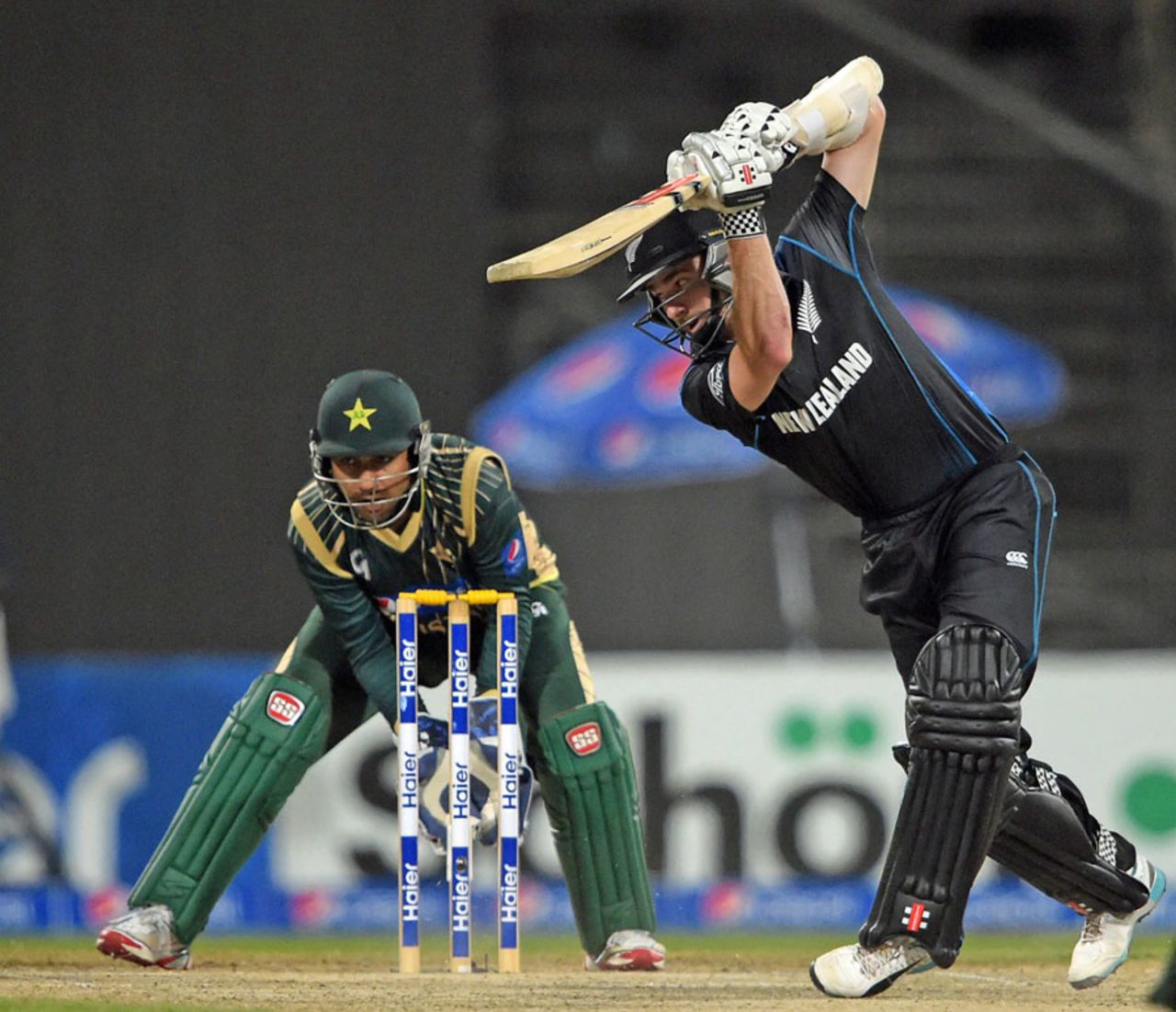 Kane Williamson drives during his innings of 46, Pakistan v New Zealand, 3rd ODI, Sharjah, December 14, 2014