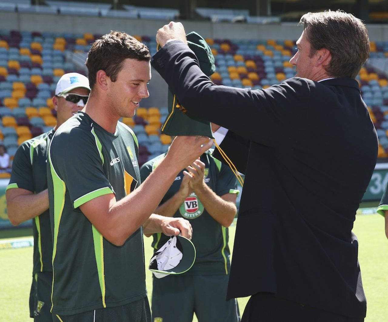 Glenn McGrath presents Josh Hazlewood with baggy green no. 440, Australia v India, 2nd Test, Brisbane, 1st day, December 17, 2014