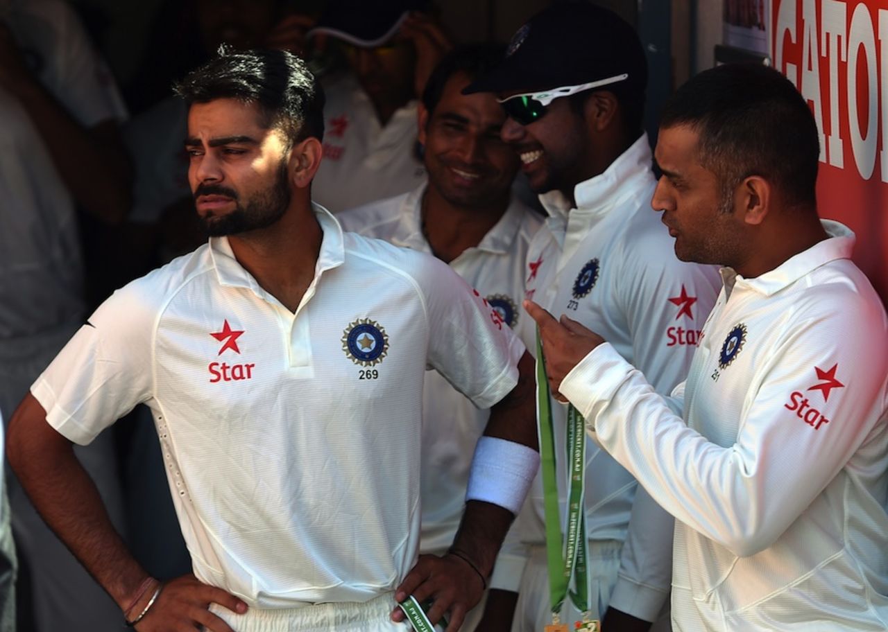 Virat Kohli and MS Dhoni chat before the start of play, Australia v India, 2nd Test, Brisbane, 1st day, December 17, 2014