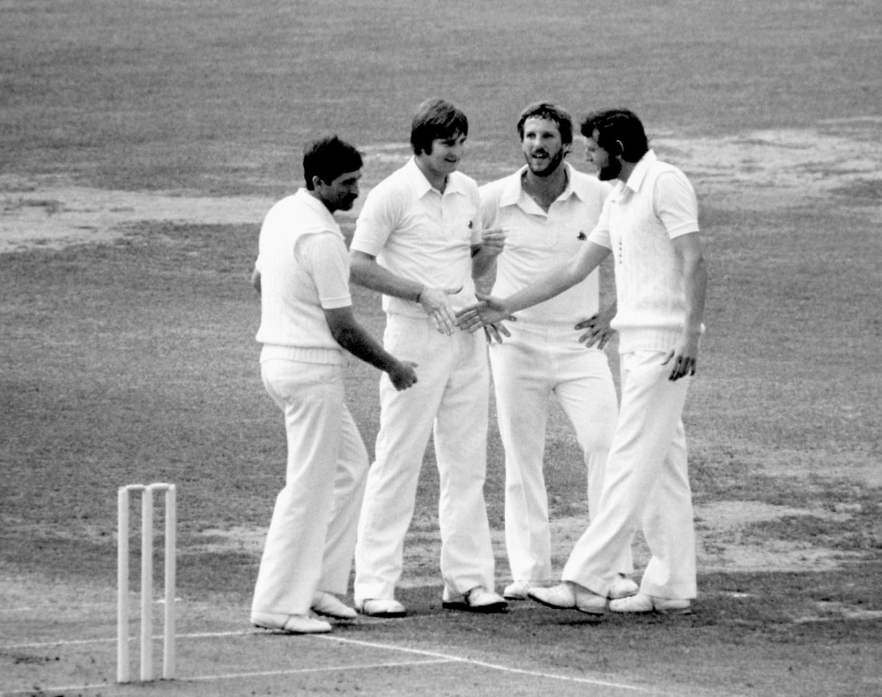 Mike Hendricks, Ian Botham and Graham Gooch congratulate Chris Old, England v Pakistan, World Cup, Headingley, June 16, 1979