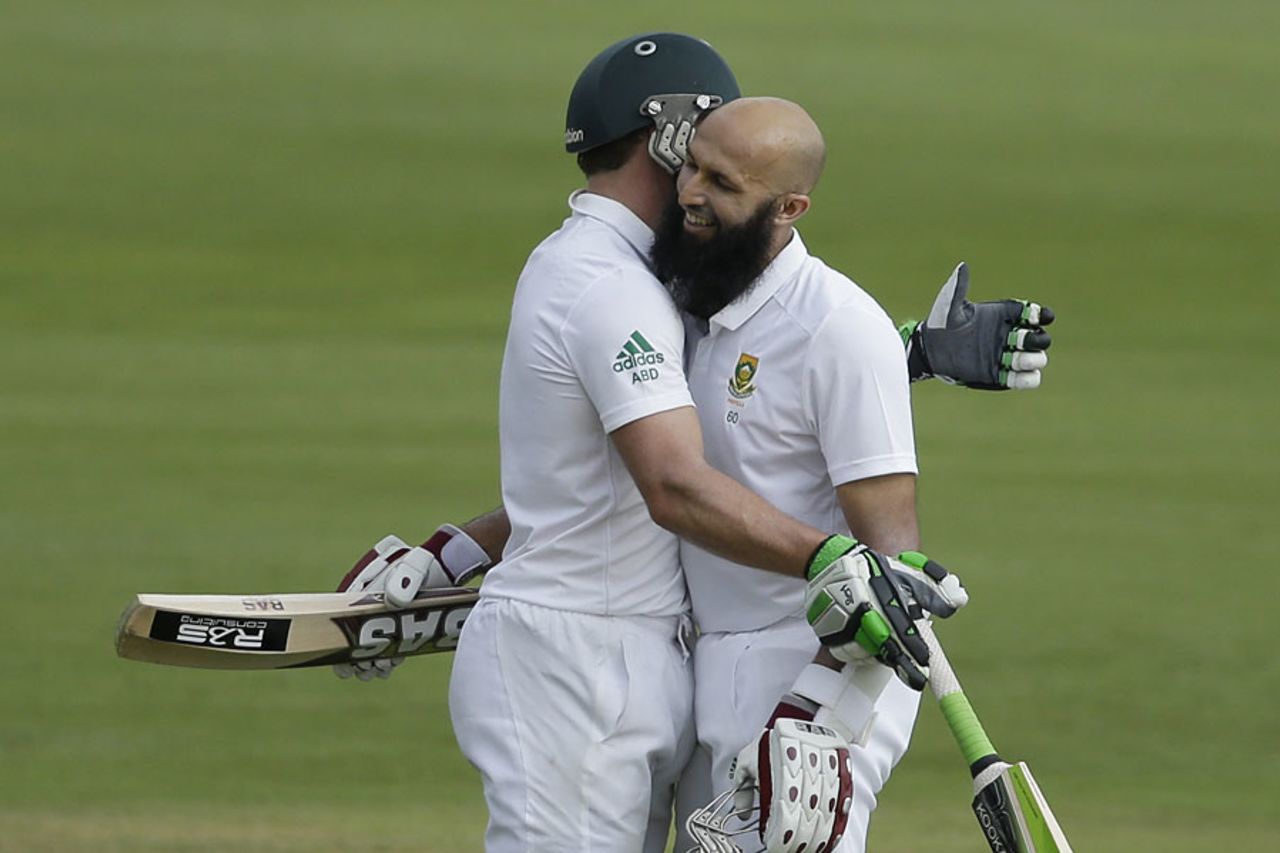 AB de Villiers and Hashim Amla embrace, South Africa v West Indies, 1st Test, Centurion, 1st day, December 17, 2014