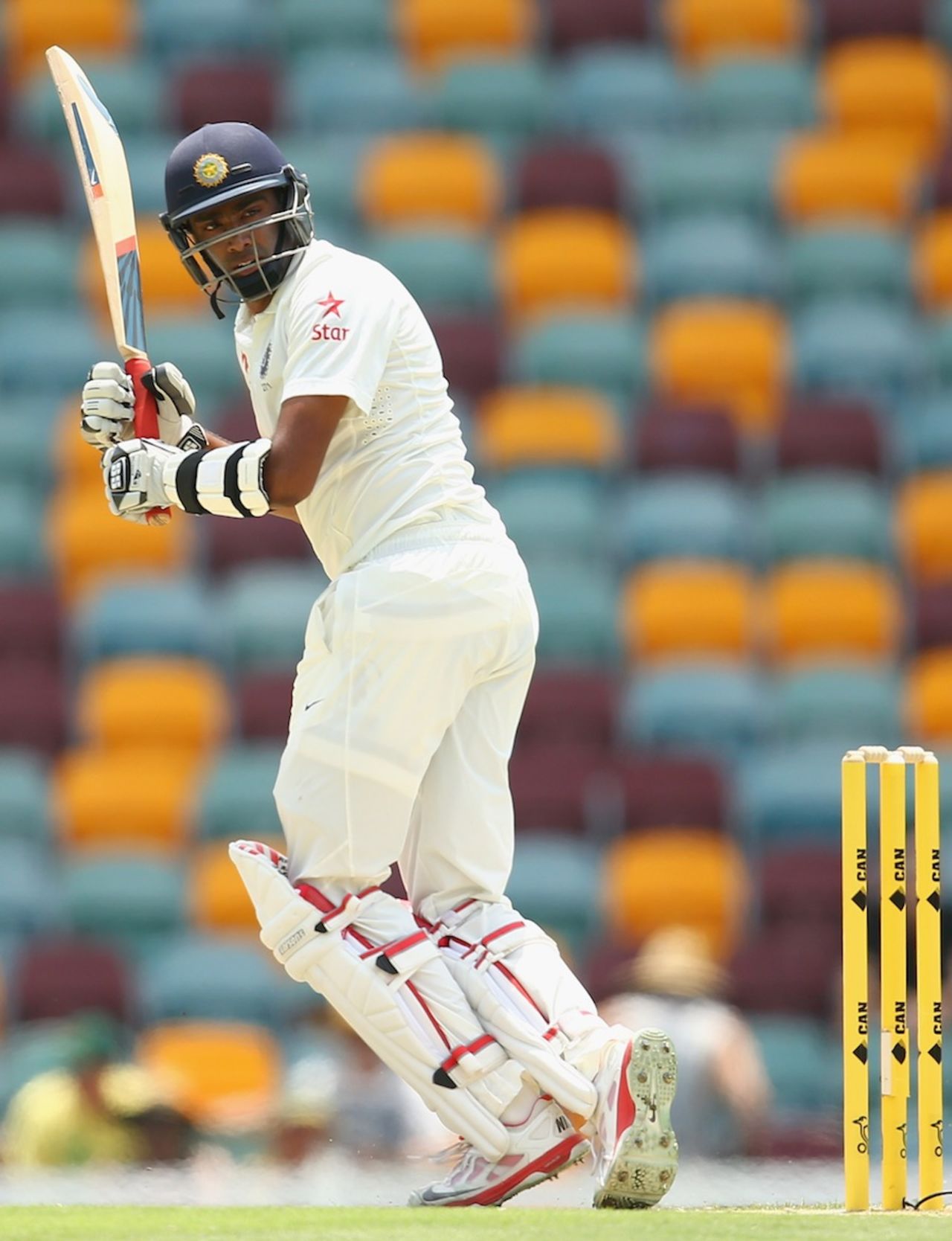 R Ashwin plays the ball down leg side, Australia v India, 2nd Test, Brisbane, 2nd day, December 18, 2014