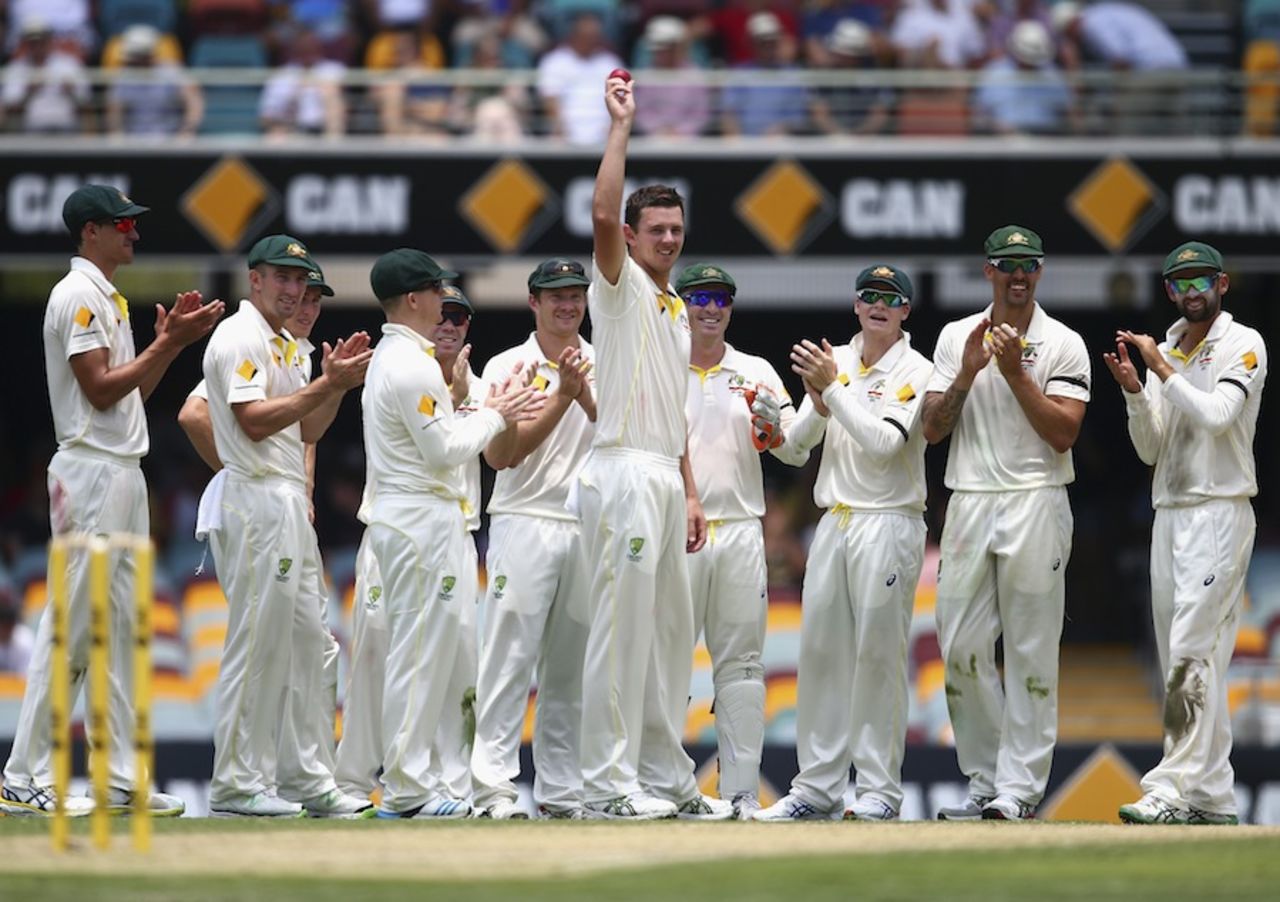 Josh Hazlewood celebrates his five-for, Australia v India, 2nd Test, Brisbane, 2nd day, December 18, 2014