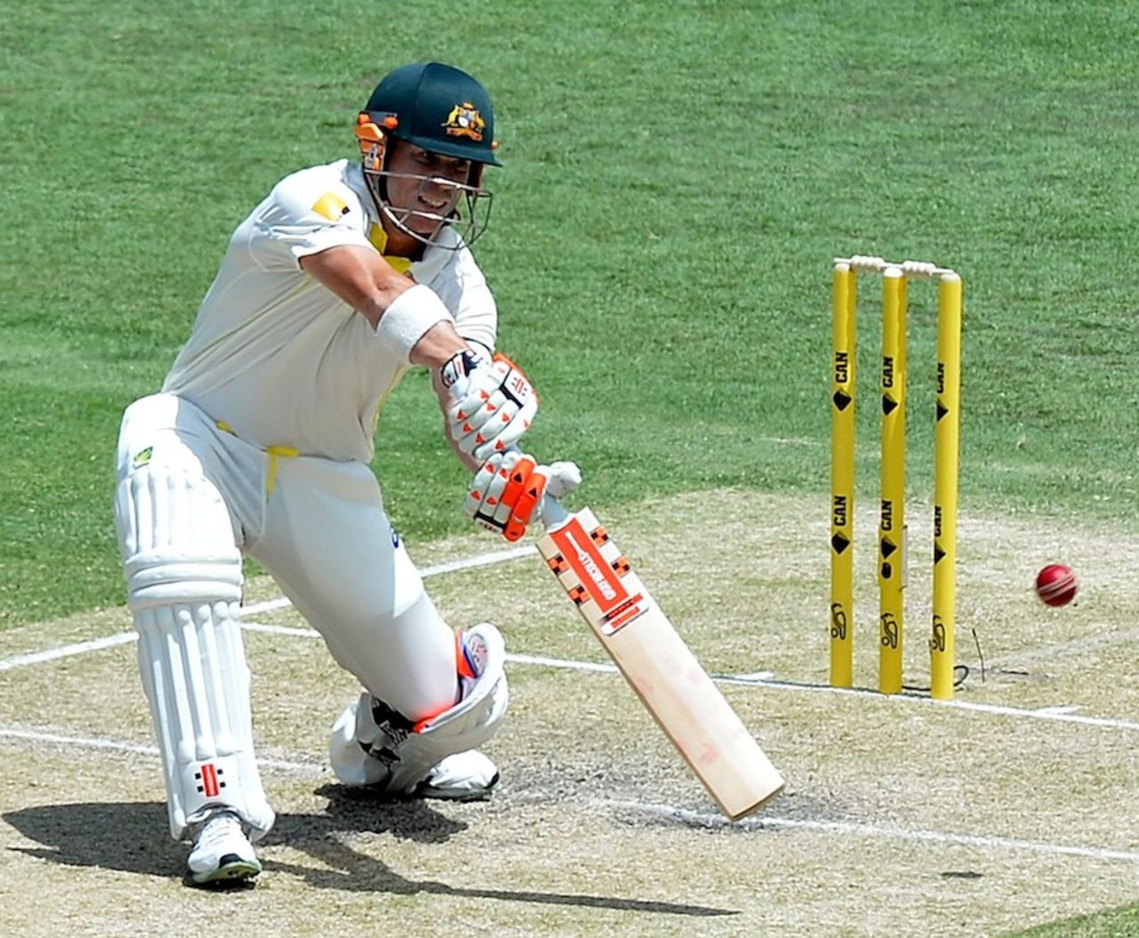 David Warner blasts through the off side, Australia v India, 2nd Test, Brisbane, 2nd day, December 18, 2014