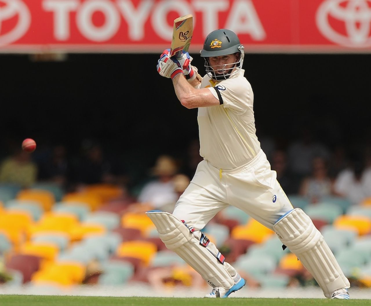 Chris Rogers hits the ball through cover, Australia v India, 2nd Test, Brisbane, 2nd day, December 18, 2014