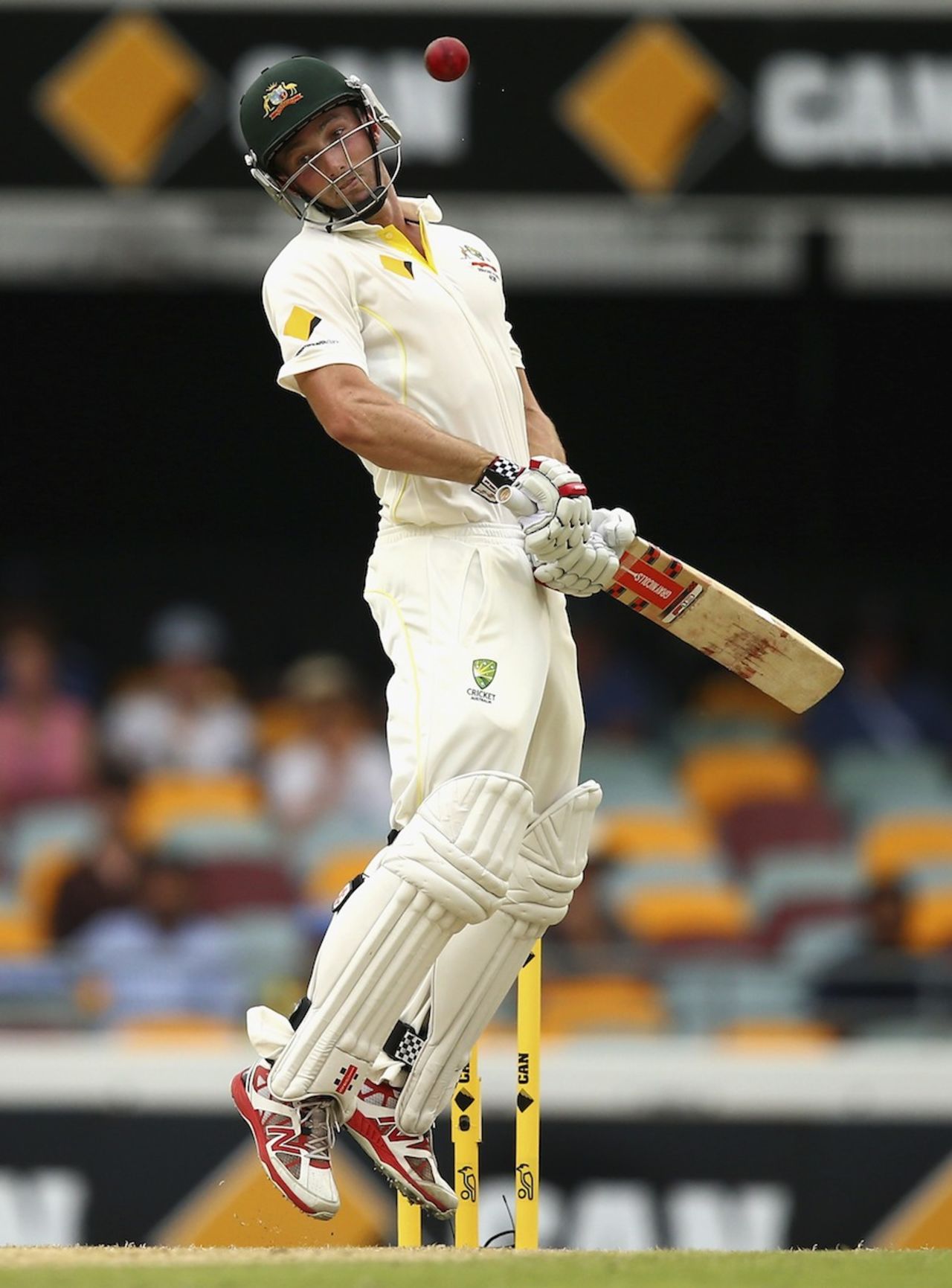 Shaun Marsh avoids a short ball, Australia v India, 2nd Test, Brisbane, 2nd day, December 18, 2014