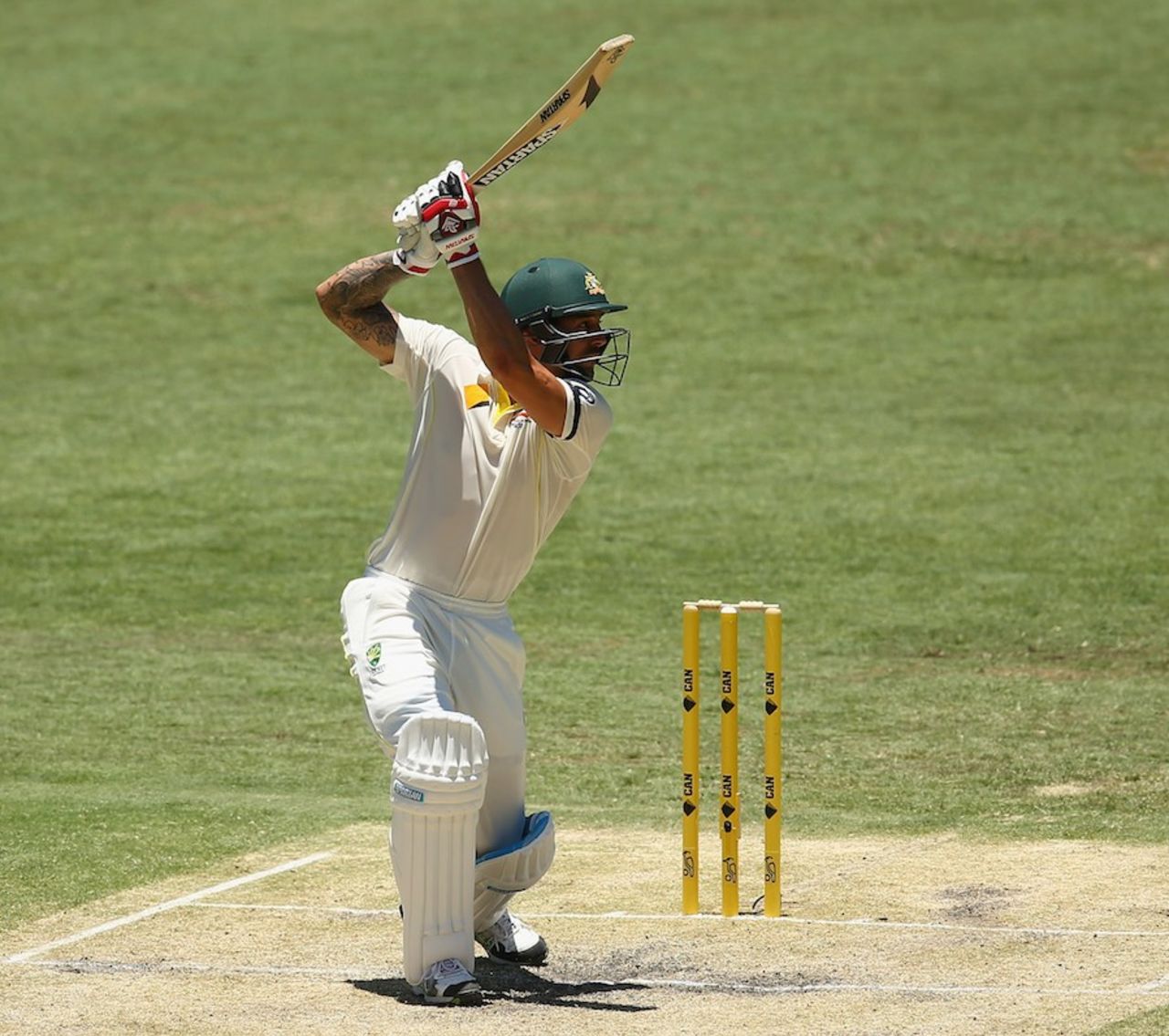 Mitchell Johnson carves through the off side, Australia v India, 2nd Test, Brisbane, 3rd day, December 19, 2014