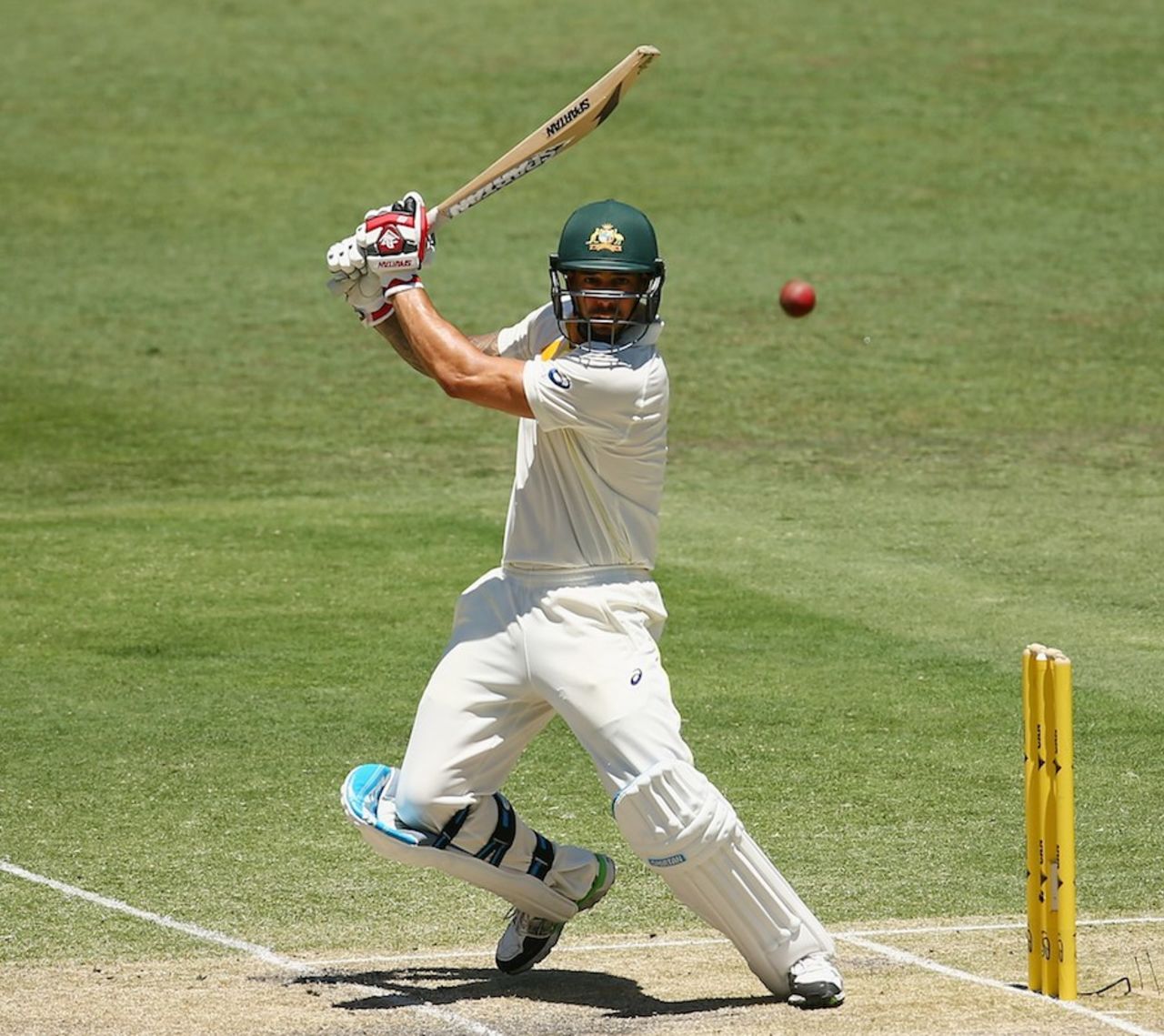 Mitchell Johnson hits the ball hard through point, Australia v India, 2nd Test, Brisbane, 3rd day, December 19, 2014