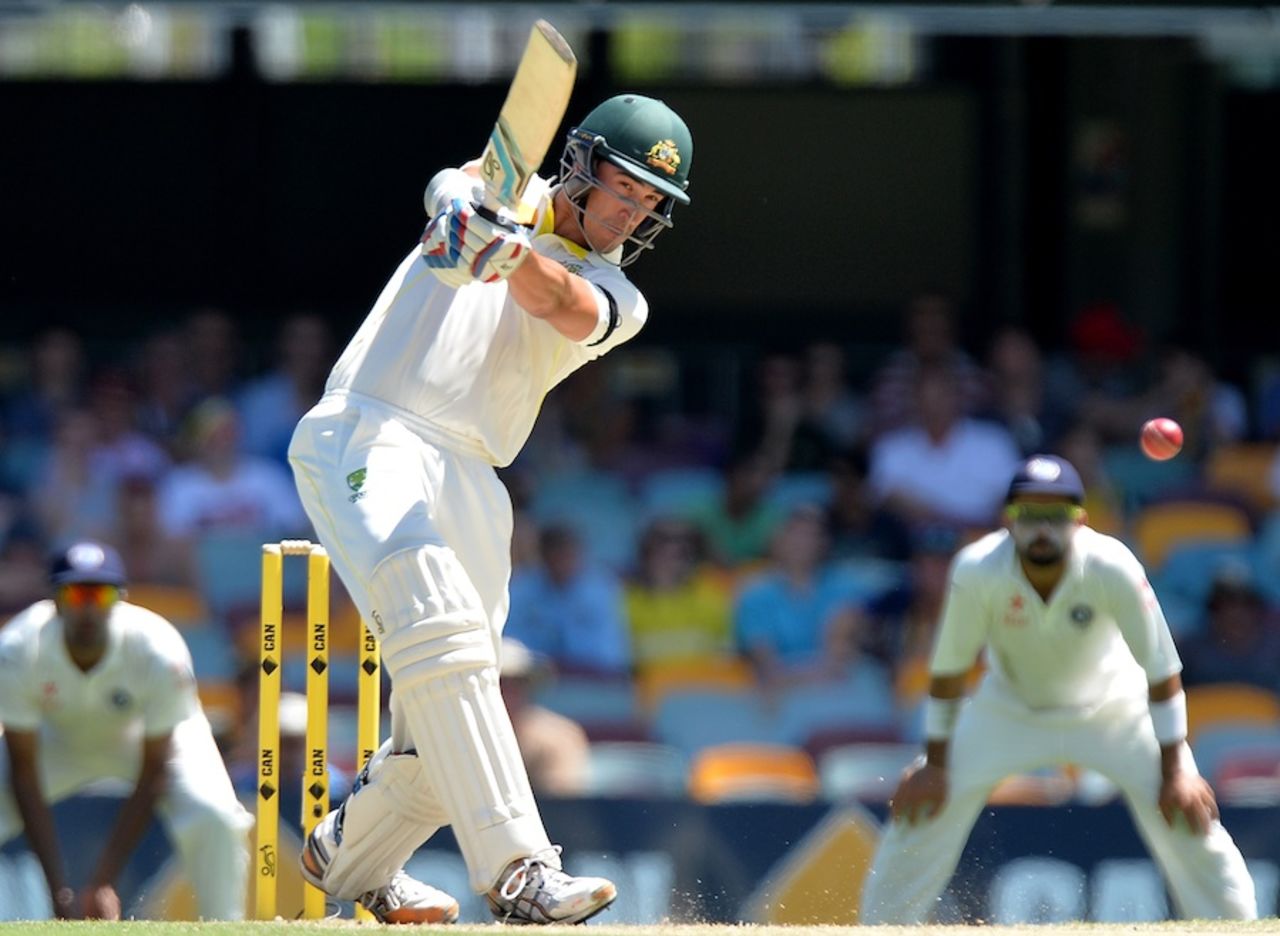 Mitchell Starc smashes the ball straight, Australia v India, 2nd Test, Brisbane, 3rd day, December 19, 2014