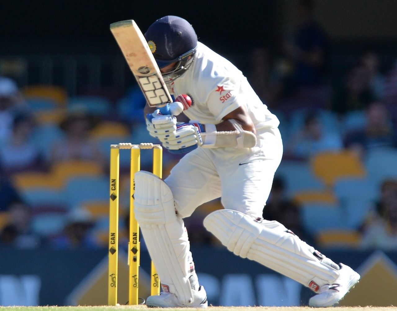 M Vijay is hit by a short ball, Australia v India, 2nd Test, Brisbane, 3rd day, December 19, 2014
