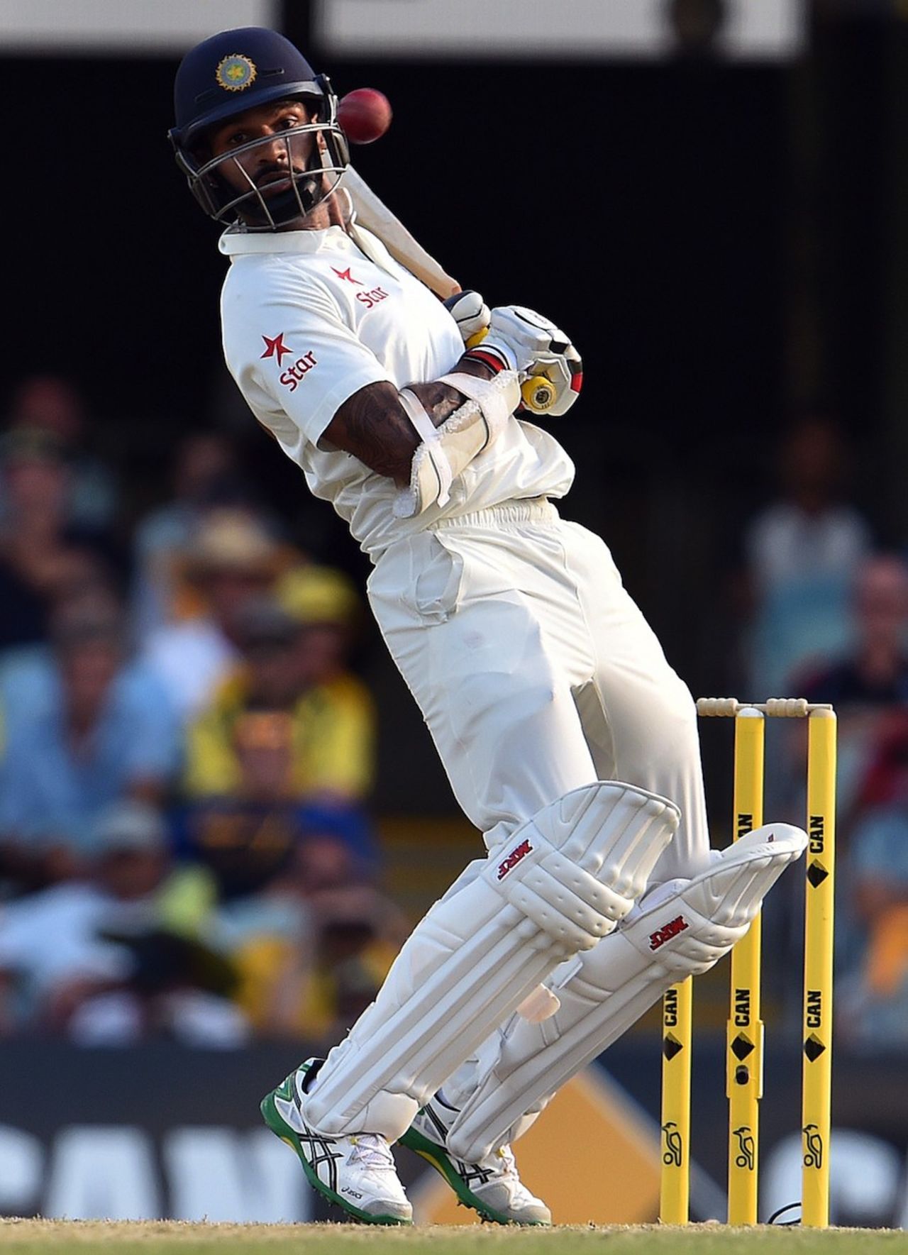 Shikhar Dhawan sways out of the line, Australia v India, 2nd Test, Brisbane, 3rd day, December 19, 2014