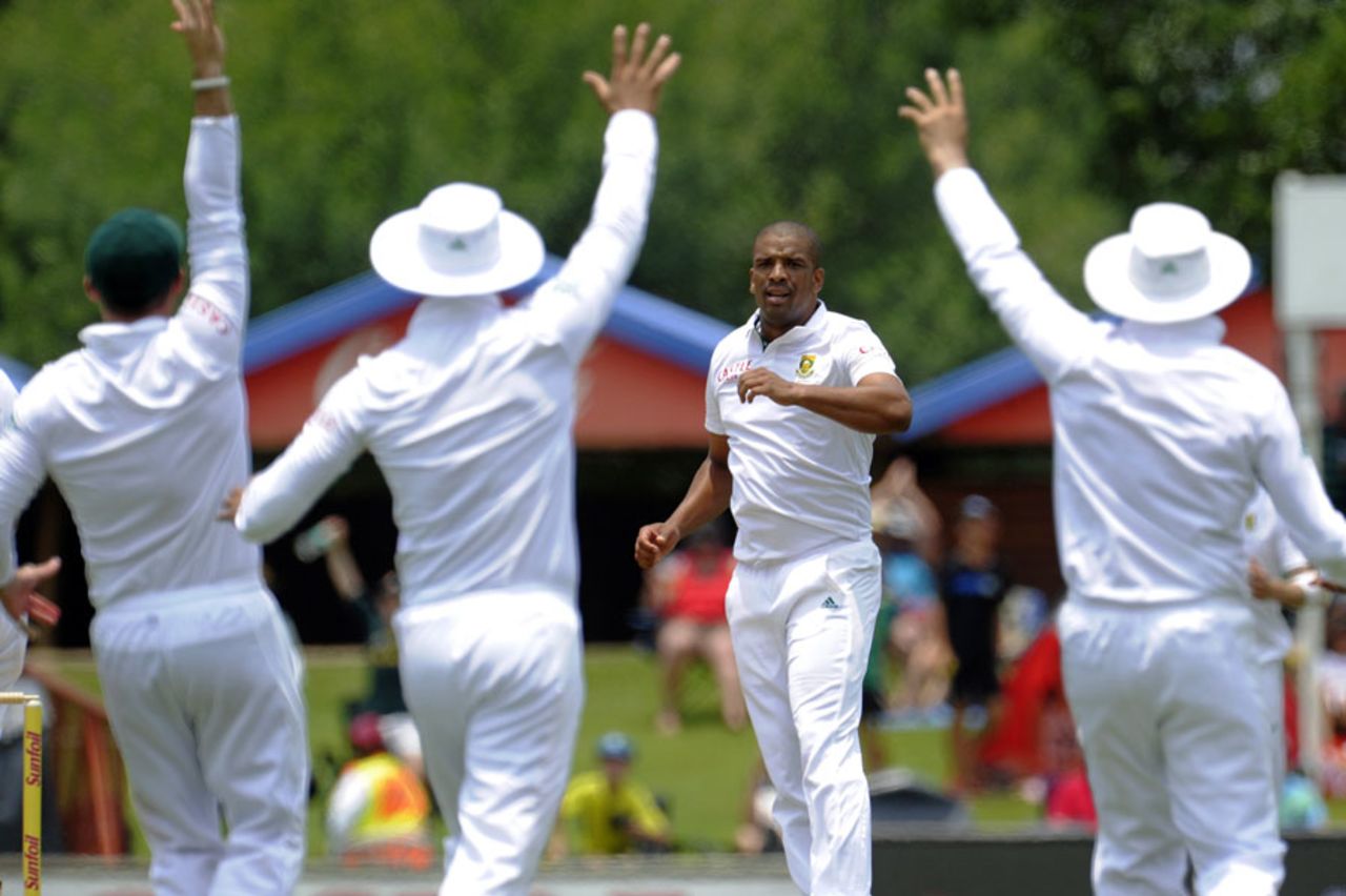 Vernon Philander watches as South Africa's fielders appeal for a wicket, South Africa v West Indies, 1st Test, Centurion, 3rd day, December 19, 2014