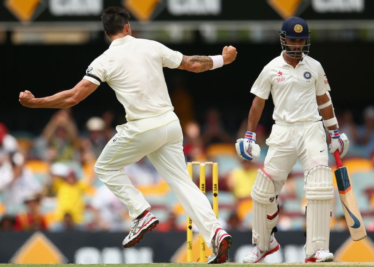 Mitchell Johnson on the charge after dismissing Ajinkya Rahane, Australia v India, 2nd Test, Brisbane, 4th day, December 20, 2014