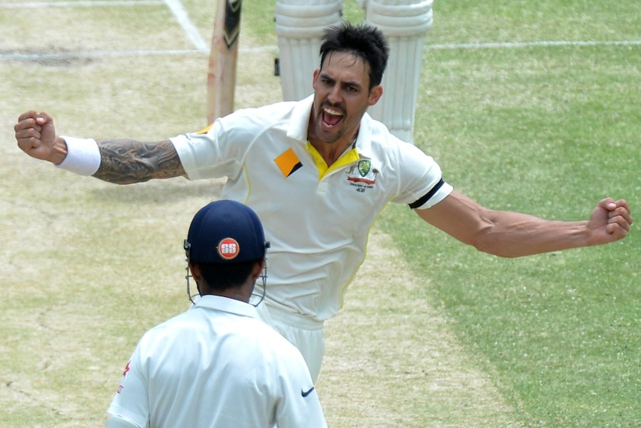 Mitchell Johnson celebrates Ajinkya Rahane's wicket, Australia v India, 2nd Test, Brisbane, 4th day, December 20, 2014