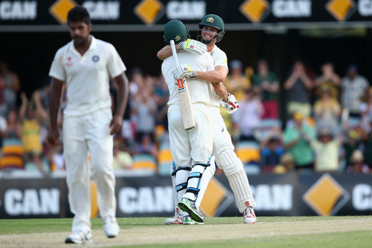 Mitchell Marsh and Mitchell Johnson celebrate Australia's victory, Australia v India, 2nd Test, Brisbane, 4th day, December 20, 2014