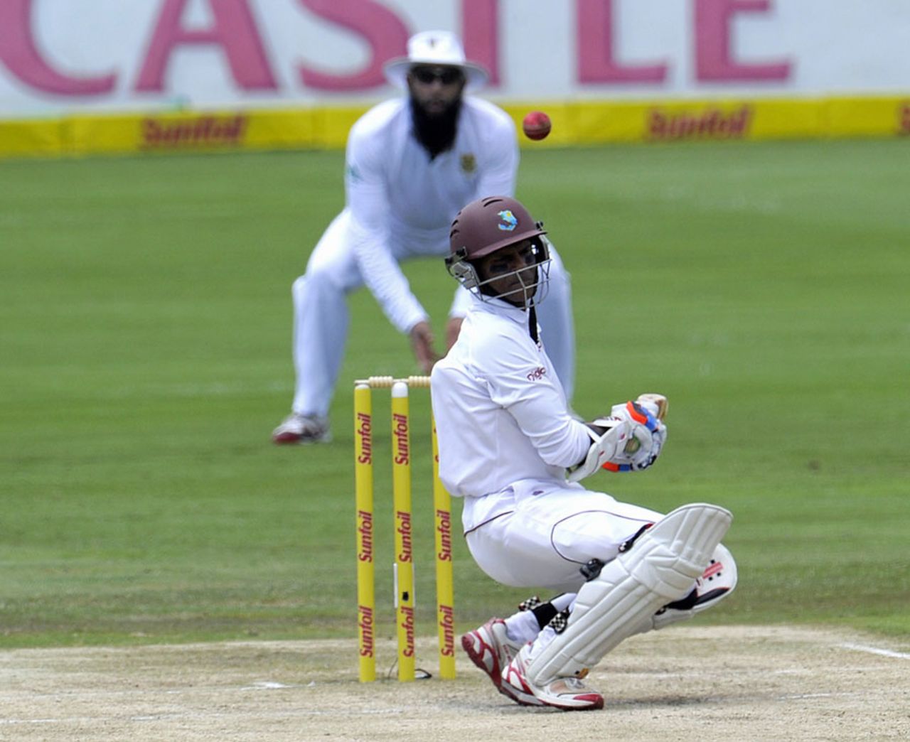 Shivnarine Chanderpaul ducks under a bouncer, South Africa v West Indies, 1st Test, Centurion, 4th day, December 20, 2014