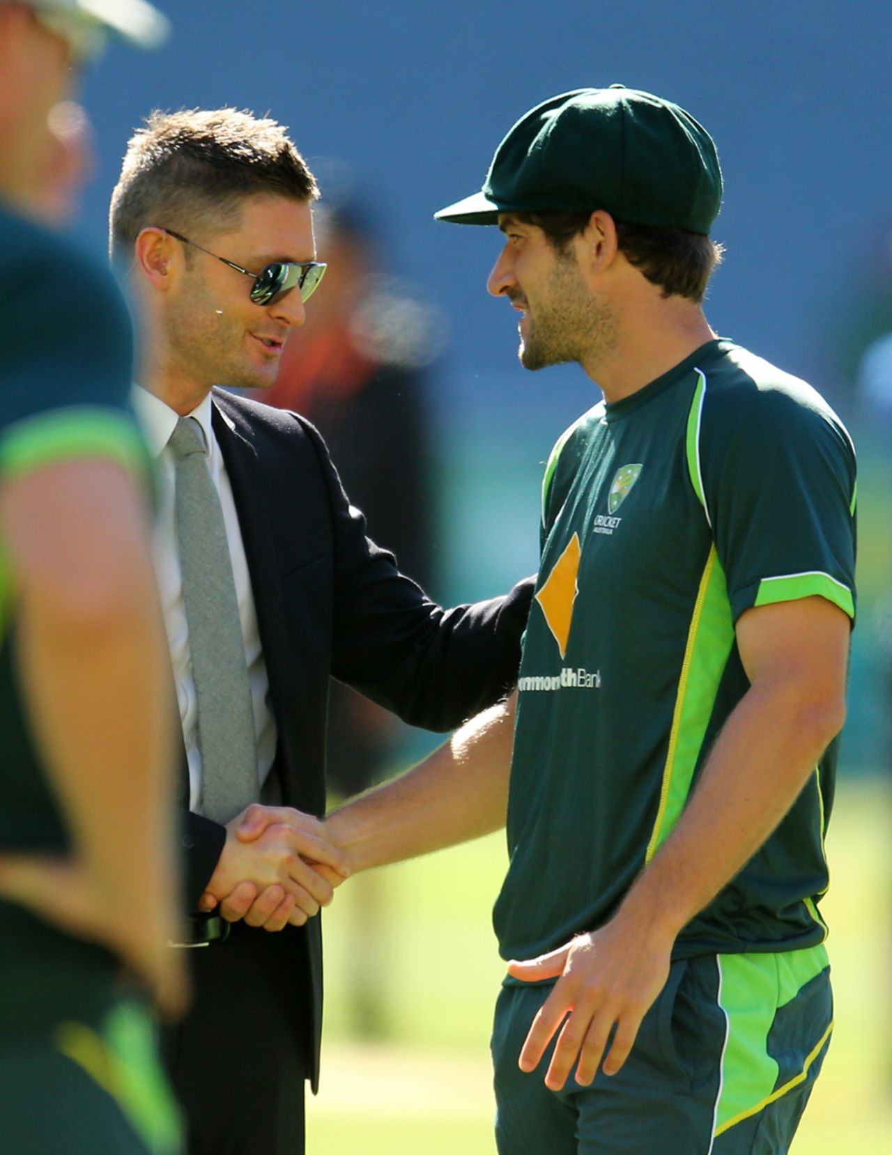 Michael Clarke congratulates Joe Burns on his debut, Australia v India, 3rd Test, Melbourne, 1st day, December 26, 2014