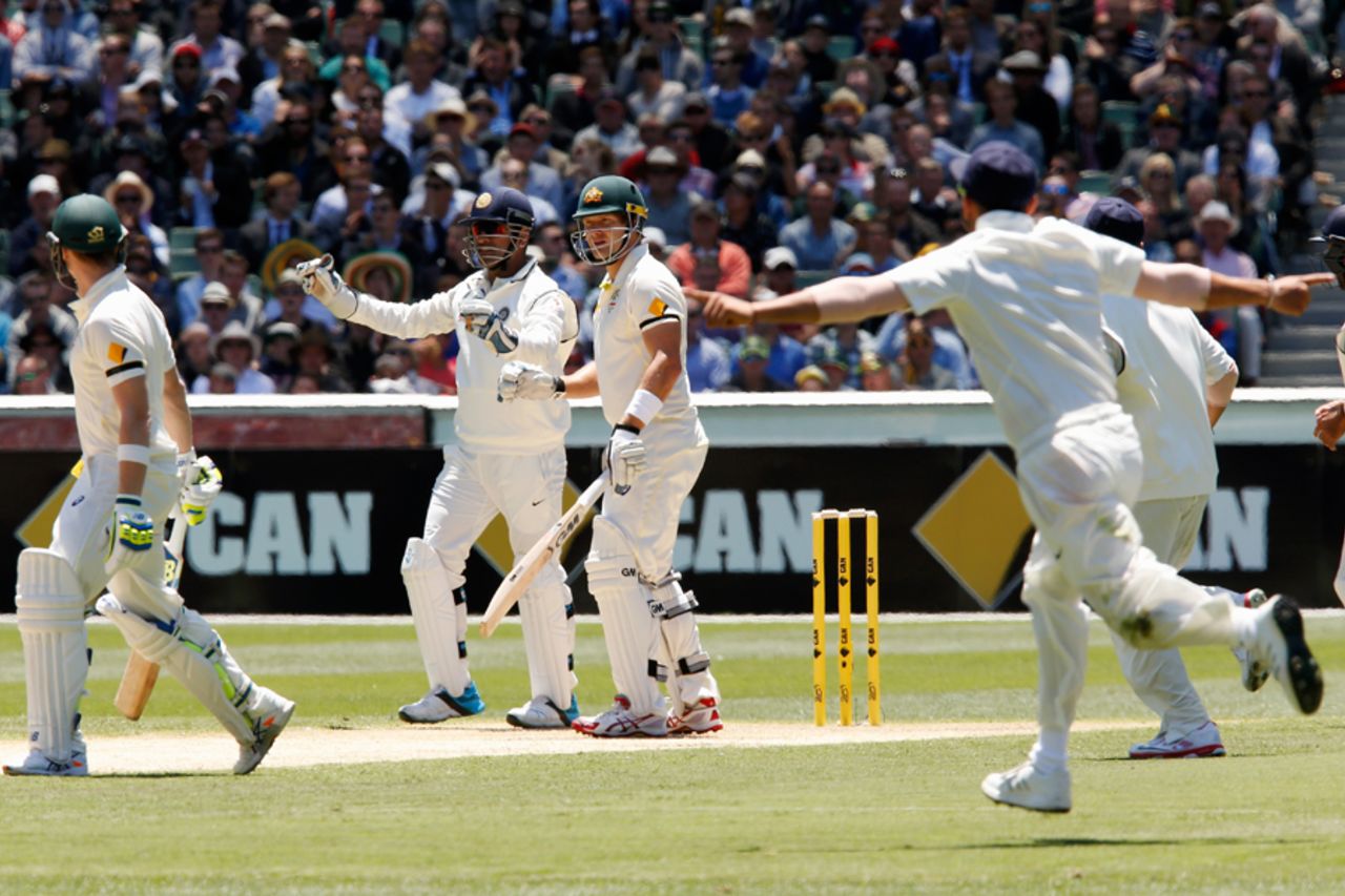 Shane Watson looks on as the umpire rules him to be lbw, Australia v India, 3rd Test, Melbourne, 1st day, December 26, 2014