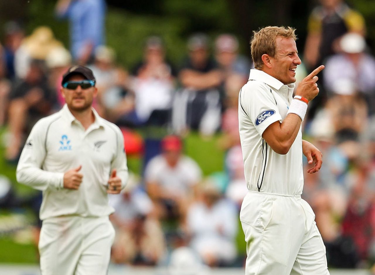 Neil Wagner celebrates after taking one of his three wickets, New Zealand v Sri Lanka, 1st Test, Christchurch, 2nd day, December 27, 2014
