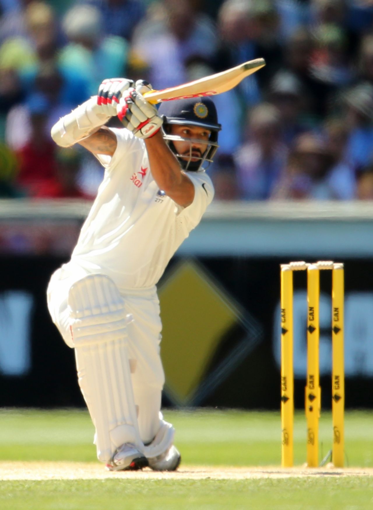 Shikhar Dhawan drives through the covers, Australia v India, 3rd Test, Melbourne, 2nd day, December 27, 2014