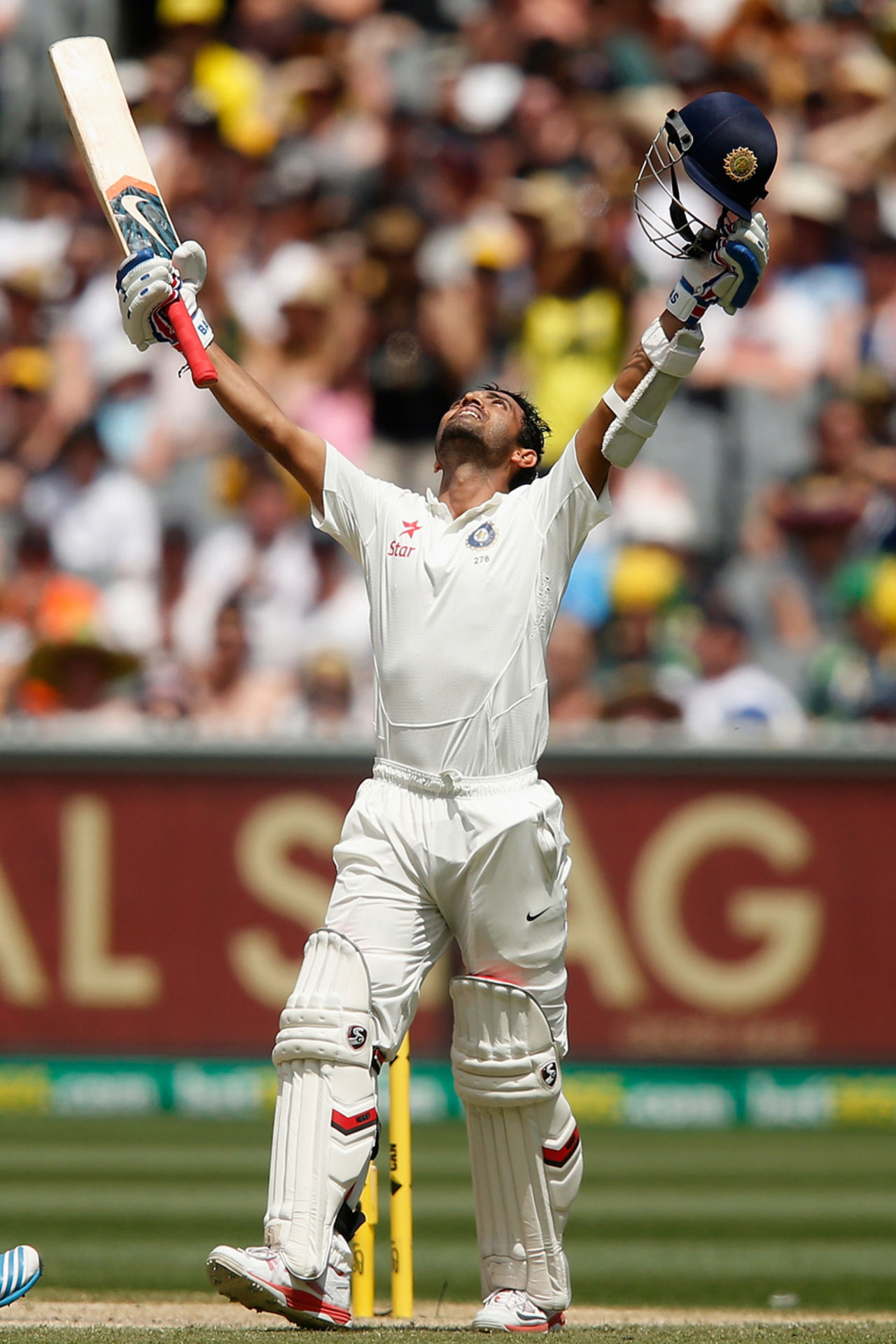 Ajinkya Rahane celebrates his hundred, Australia v India, 3rd Test, Melbourne, 3rd day, December 28, 2014
