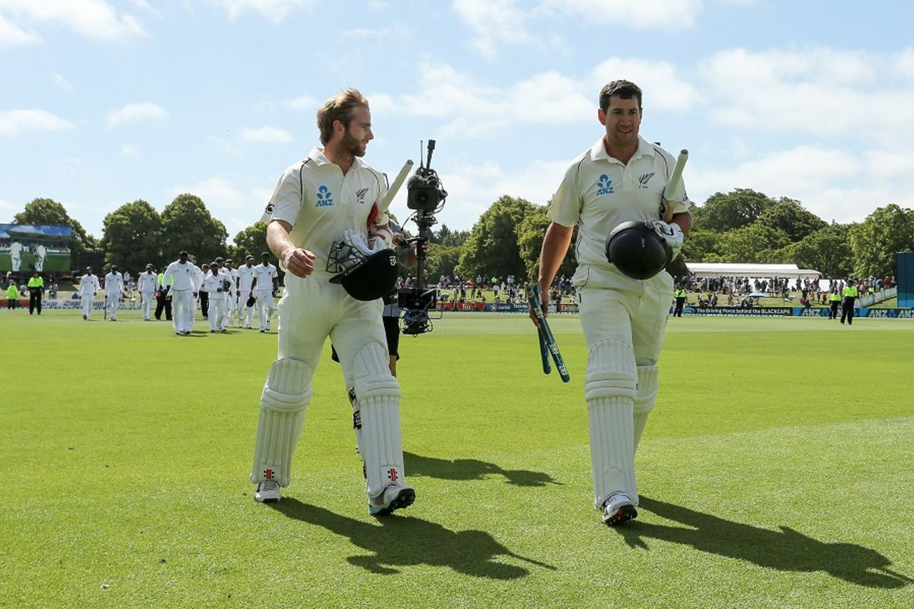Kane Williamson and Ross Taylor walk back after claiming victory, New Zealand v Sri Lanka, 1st Test, Christchurch, 4th day, December 29, 2014