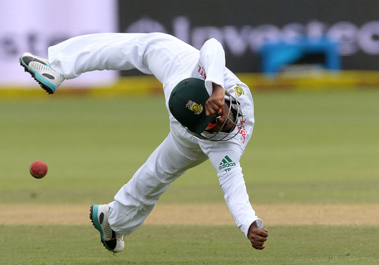 Temba Bavuma dives at forward short leg, South Africa v West Indies, 2nd Test, Port Elizabeth, 4th day, December 29, 2014