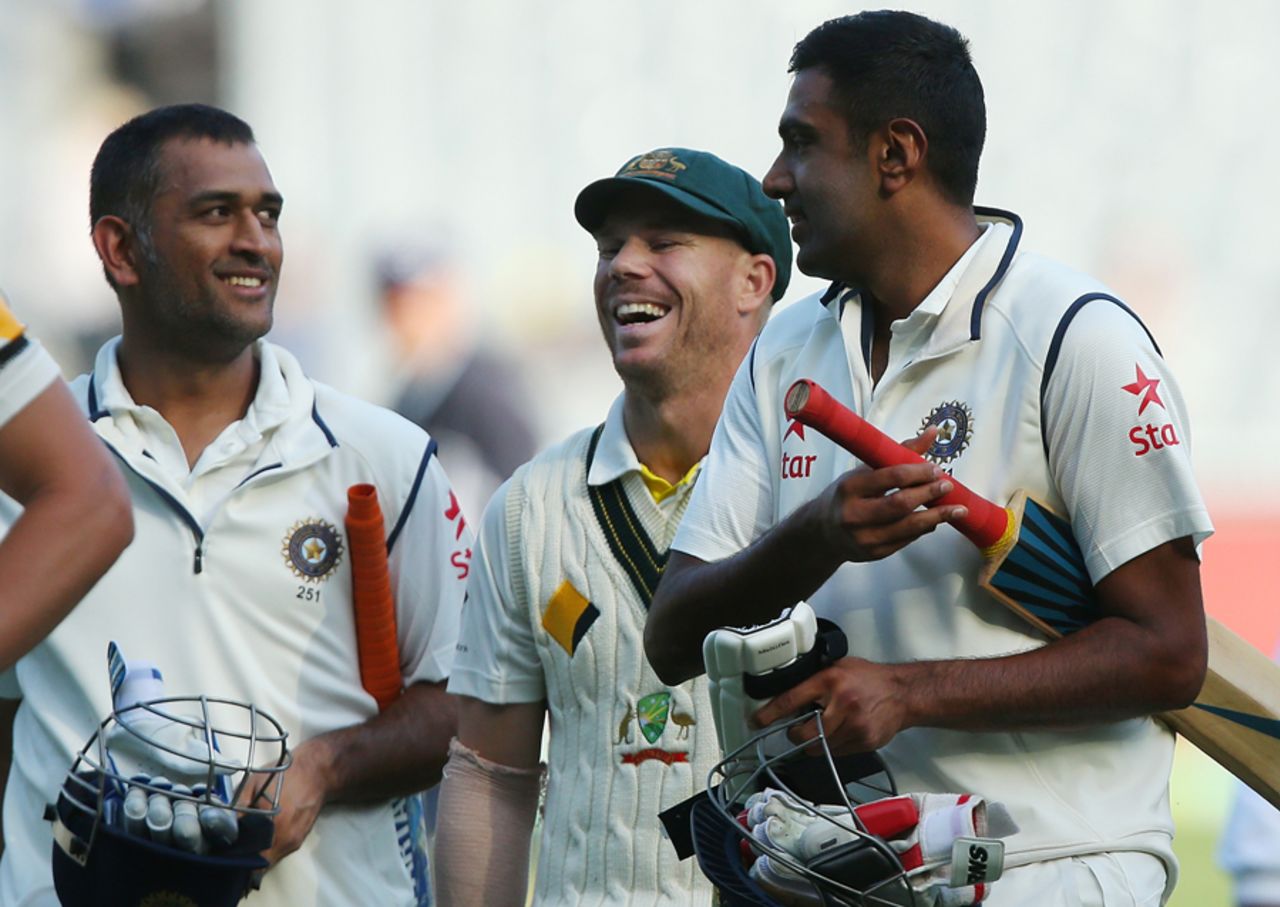 MS Dhoni, David Warner and R Ashwin have a laugh after the game, Australia v India, 3rd Test, Melbourne, 5th day, December 30, 2014